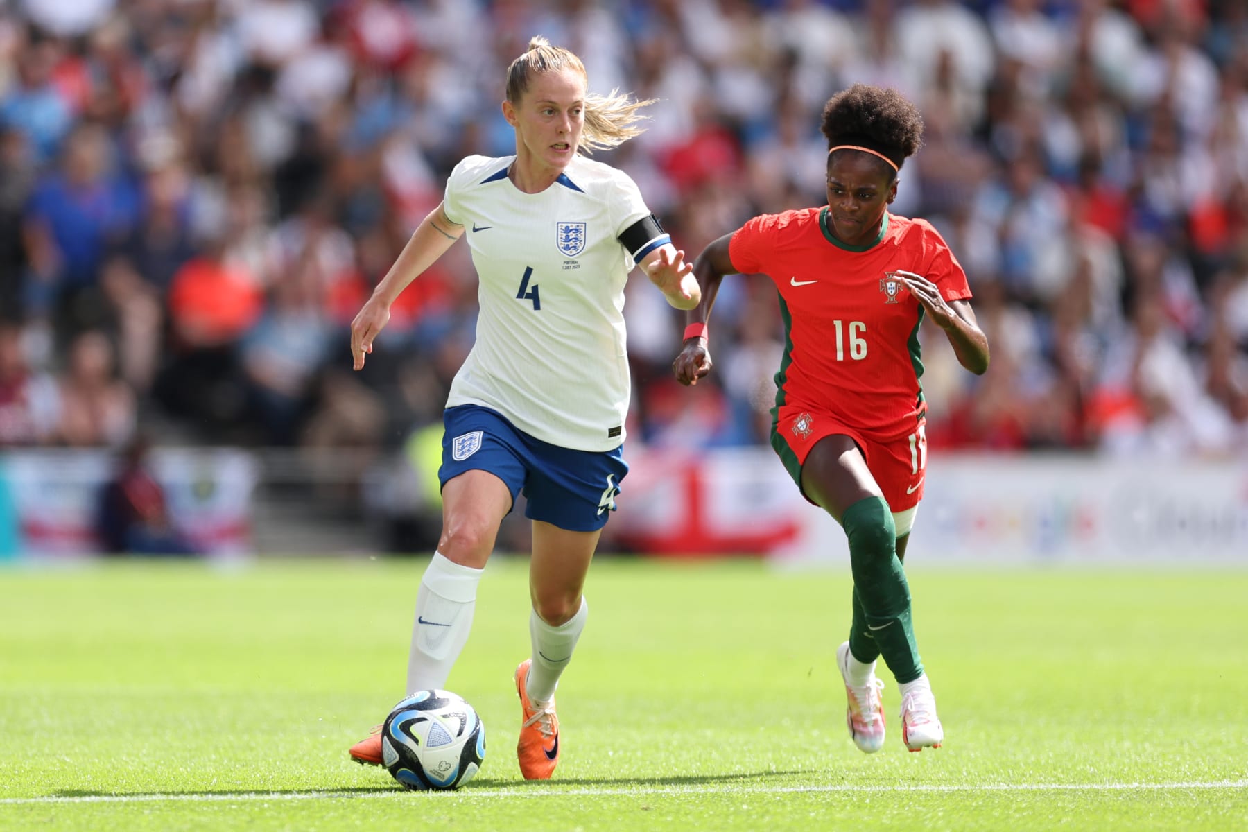 MILTON KEYNES, ENGLAND - JULY 1: Keira Walsh of England and Diana Silva of Portugal during the International Friendly match between England Women and Portugal Women at Stadium mk on July 1, 2023 in Milton Keynes, England. (Photo by Jacques Feeney/Offside/Offside via Getty Images)