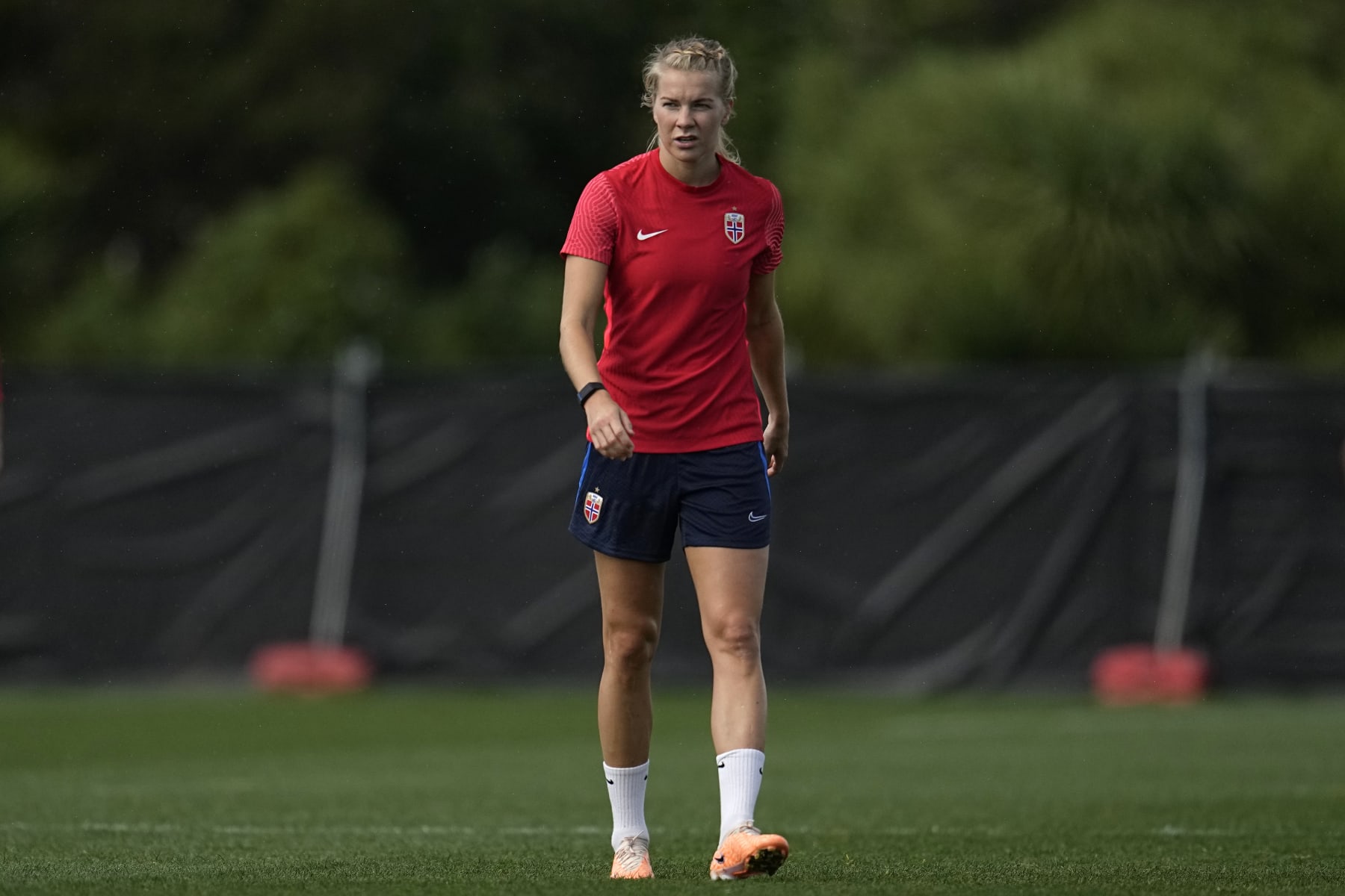 Norway's Ada Hegerberg stands on the field during a team practice at Seddon Fields in Auckland, New Zealand, Wednesday, July 19, 2023. (AP Photo/Abbie Parr)