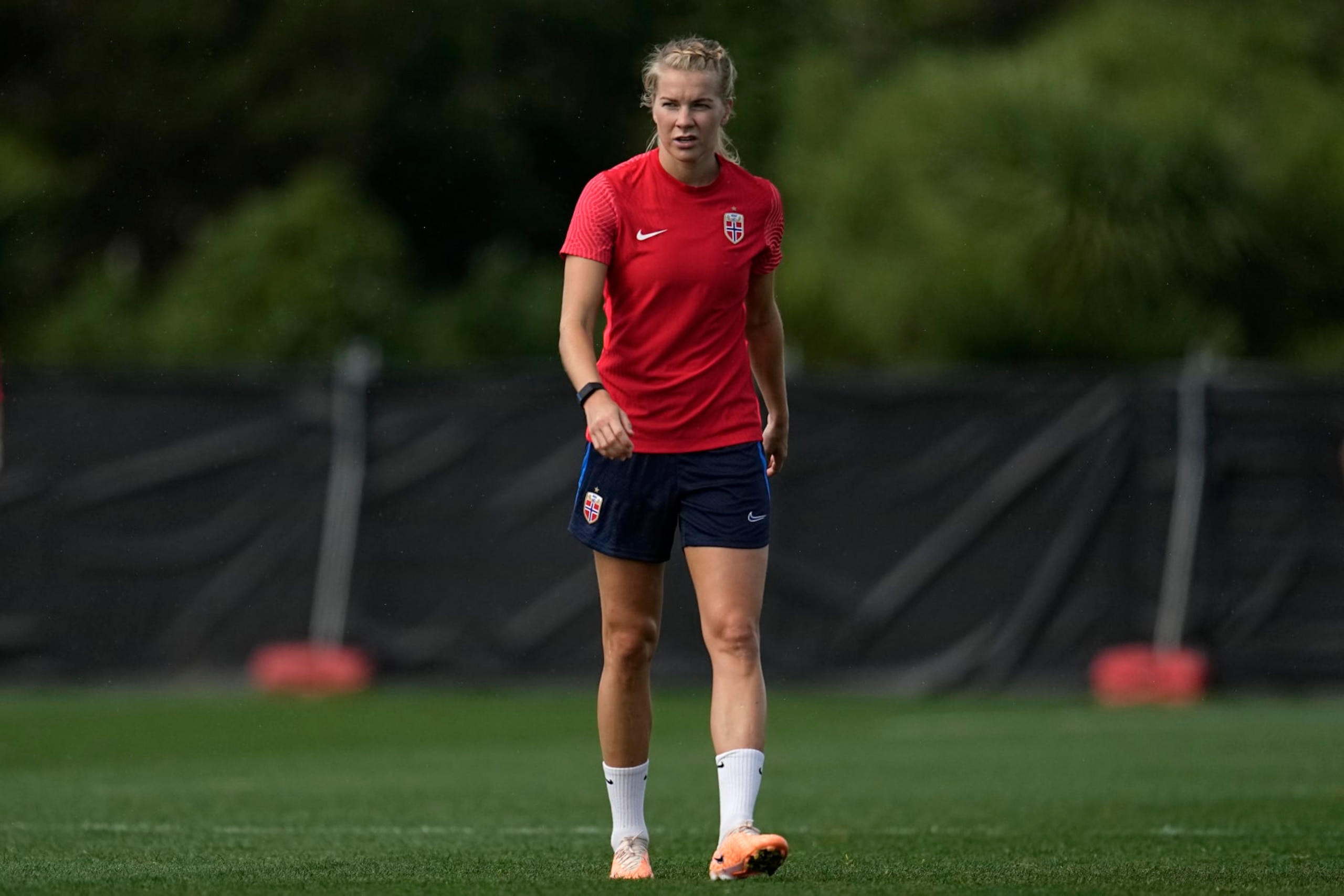 Norway's Ada Hegerberg stands on the field during a team practice at Seddon Fields in Auckland, New Zealand, Wednesday, July 19, 2023. (AP Photo/Abbie Parr)