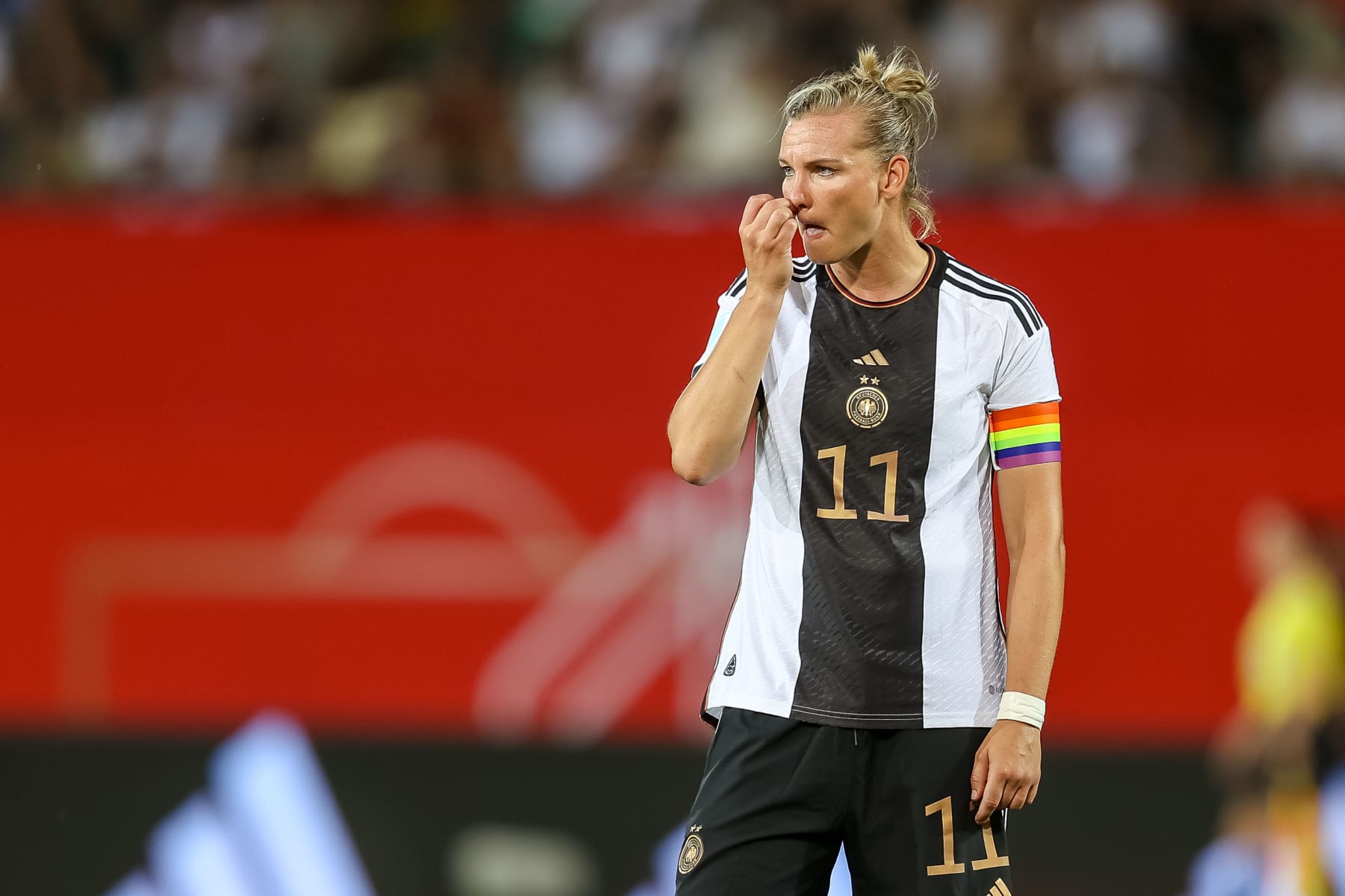 FUERTH, GERMANY - JULY 7: Alexandra Popp of Germany looks on during the Women's international friendly between Germany and Zambia at Sportpark Ronhof Thomas Sommer on July 7, 2023 in Fuerth, Germany. (Photo by Roland Krivec/DeFodi Images via Getty Images)