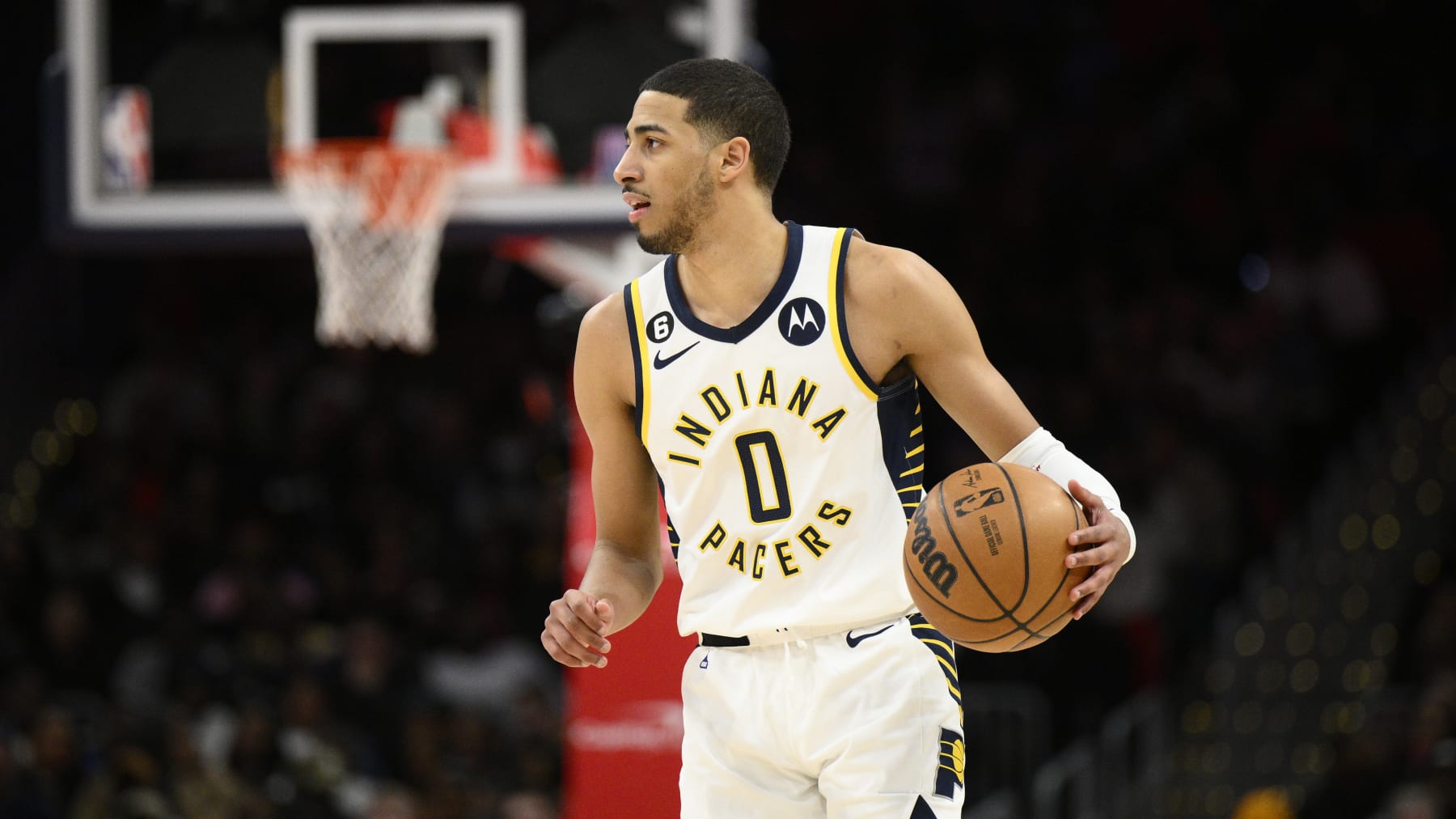 Indiana Pacers guard Tyrese Haliburton (0) in action during the second half of an NBA basketball game against the Washington Wizards, Saturday, Feb. 11, 2023, in Washington. (AP Photo/Nick Wass)