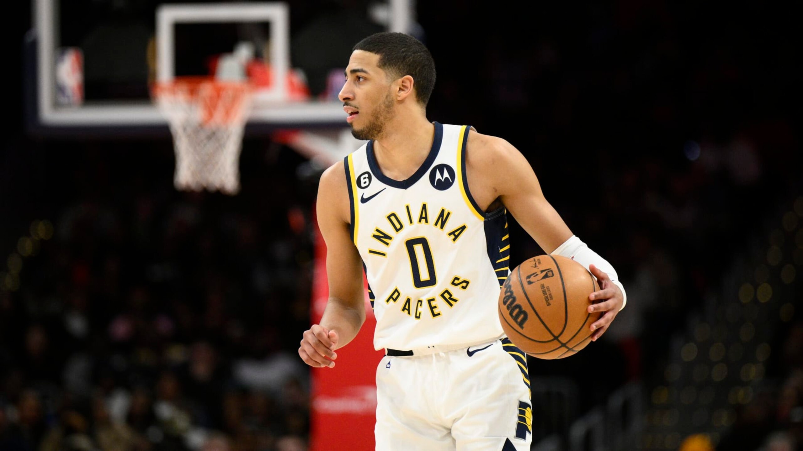 Indiana Pacers guard Tyrese Haliburton (0) in action during the second half of an NBA basketball game against the Washington Wizards, Saturday, Feb. 11, 2023, in Washington. (AP Photo/Nick Wass)