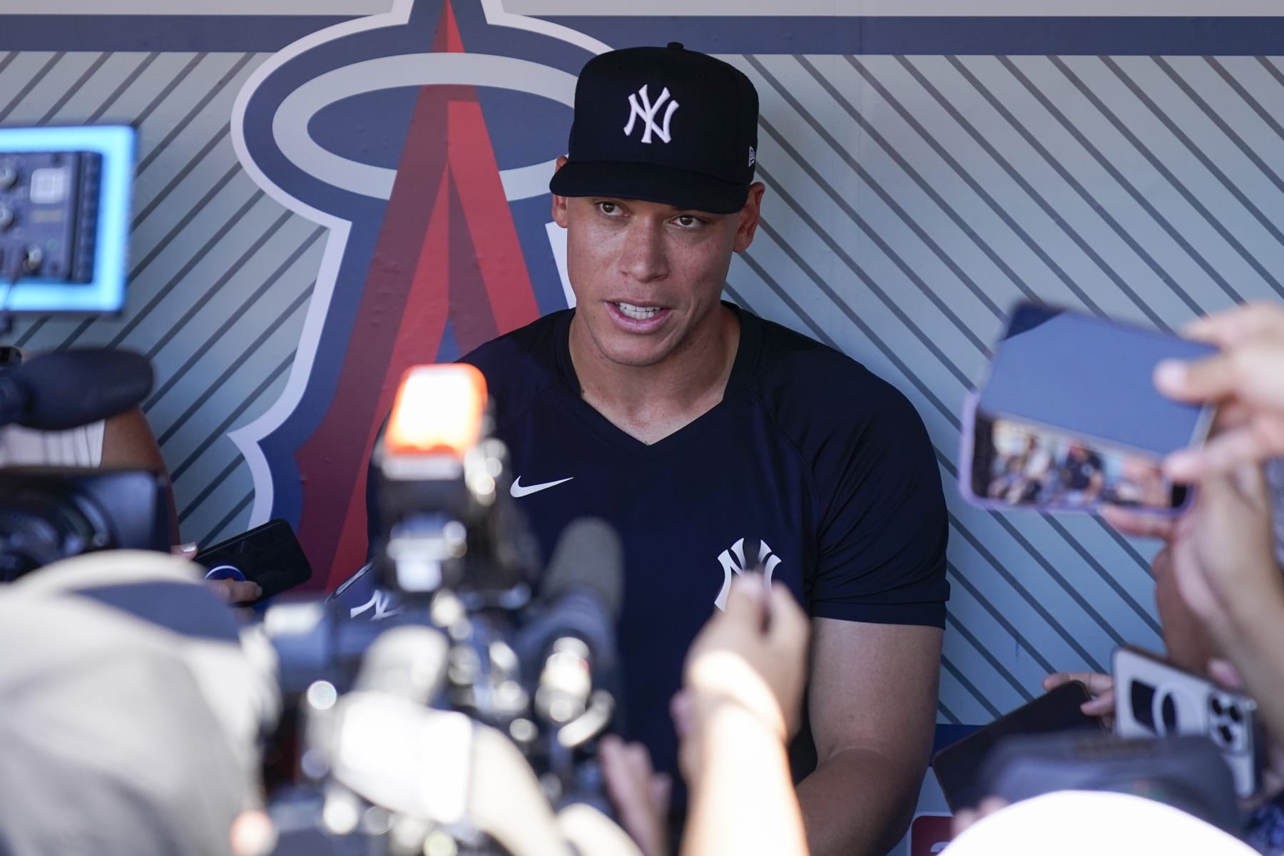 New York Yankees' Aaron Judge speaks to reporters before a baseball game against the Los Angeles Angels in Anaheim, Calif., Wednesday, July 19, 2023. (AP Photo/Ashley Landis)