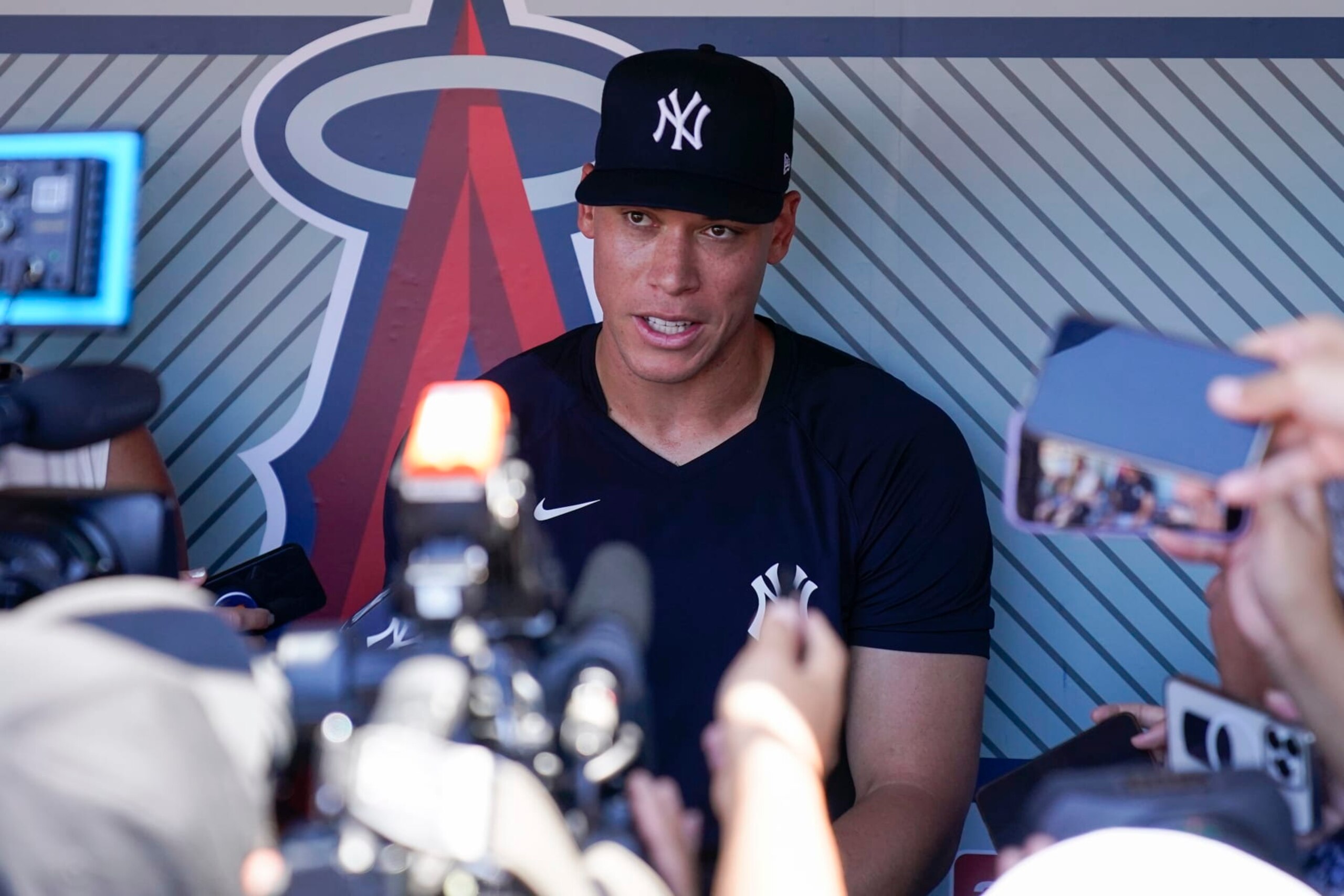 New York Yankees' Aaron Judge speaks to reporters before a baseball game against the Los Angeles Angels in Anaheim, Calif., Wednesday, July 19, 2023. (AP Photo/Ashley Landis)