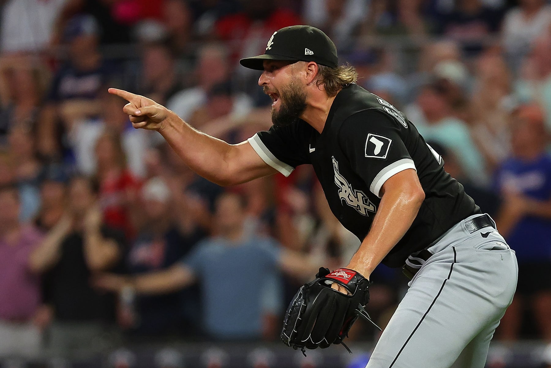 ATLANTA, GEORGIA - JULY 15:  Kendall Graveman #49 of the Chicago White Sox reacts after a double play to end the game and give them  6-5 win over the Atlanta Braves at Truist Park on July 15, 2023 in Atlanta, Georgia. (Photo by Kevin C. Cox/Getty Images)