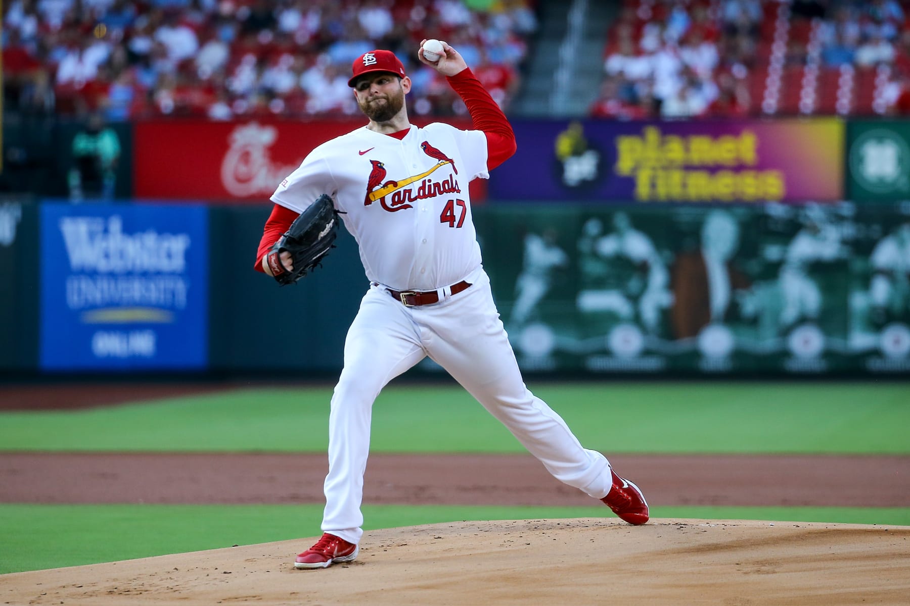 ST. LOUIS, MO - JULY 18: Starter Jordan Montgomery #47 of the St. Louis Cardinals delivers during the first inning against the Miami Marlins at Busch Stadium on July 18, 2023 in St. Louis, Missouri. (Photo by Scott Kane/Getty Images)