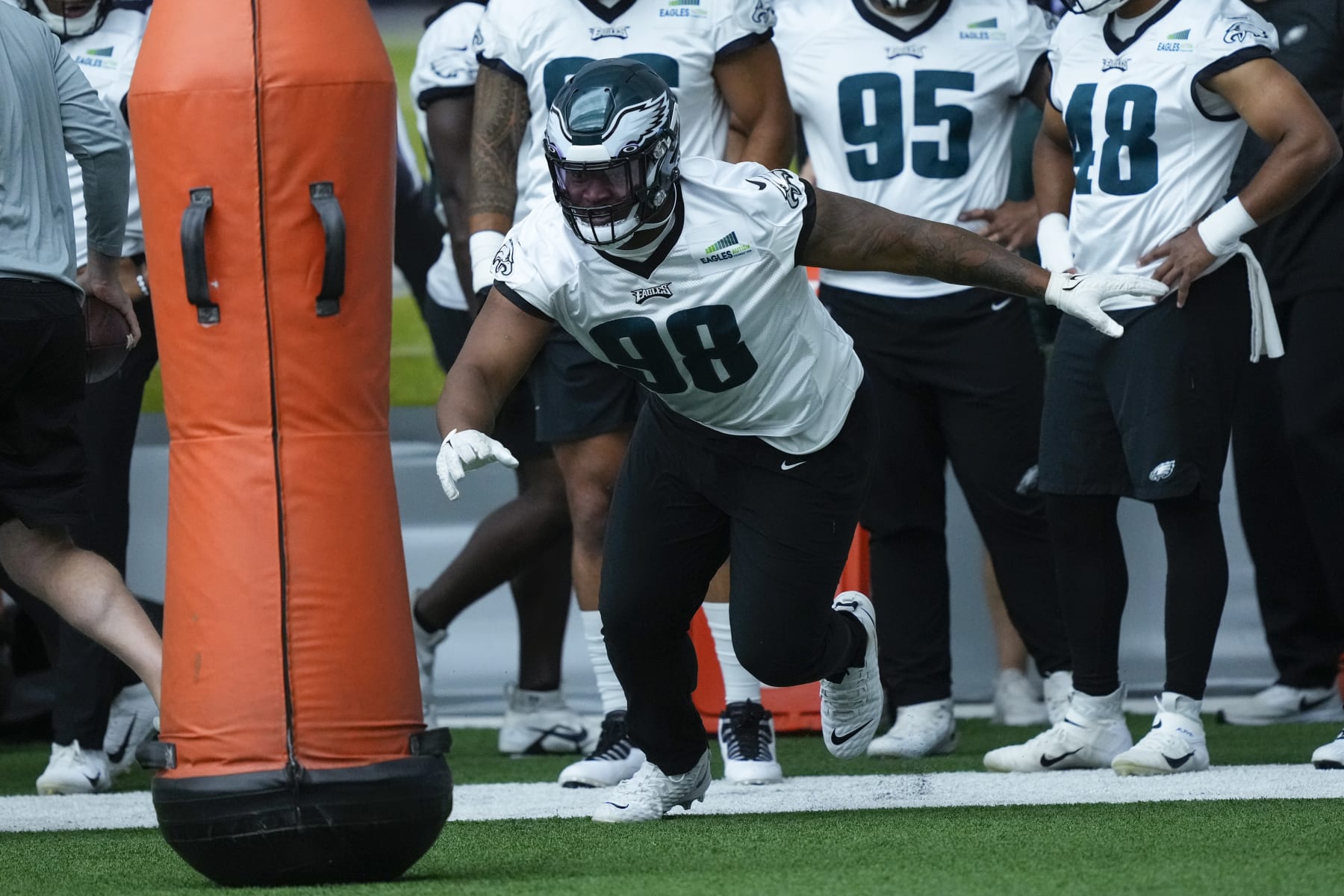 Philadelphia Eagles' Jalen Carter runs a drill during practice at the NFL football teams training facility in Philadelphia, Thursday, June 8, 2023. (AP Photo/Matt Rourke)