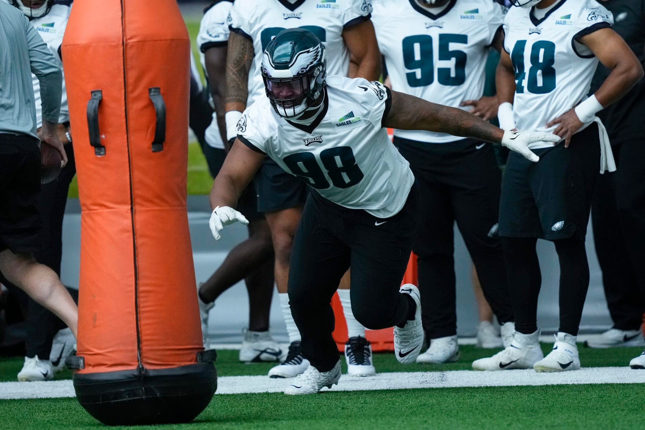 Philadelphia Eagles' Jalen Carter runs a drill during practice at the NFL football teams training facility in Philadelphia, Thursday, June 8, 2023. (AP Photo/Matt Rourke)