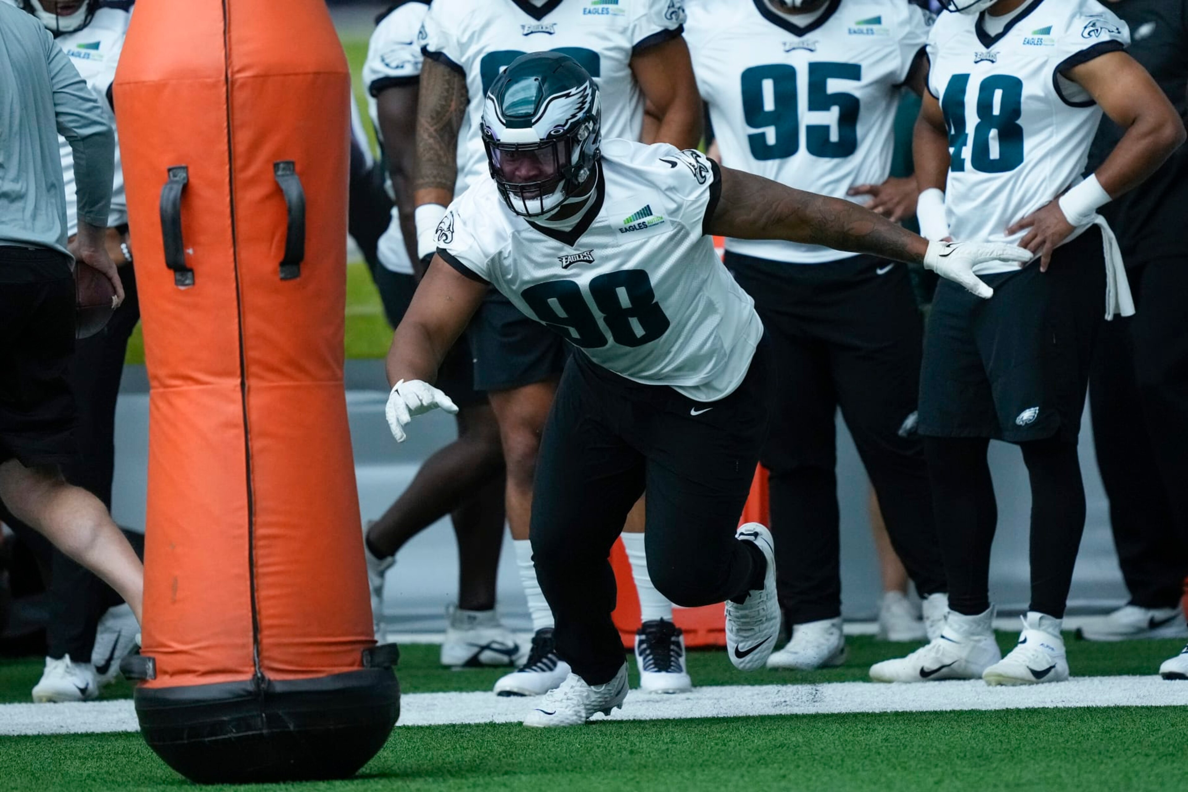 Philadelphia Eagles' Jalen Carter runs a drill during practice at the NFL football teams training facility in Philadelphia, Thursday, June 8, 2023. (AP Photo/Matt Rourke) Philadelphia Eagles' Jalen Carter runs a drill during practice at the NFL football teams training facility in Philadelphia, Thursday, June 8, 2023. (AP Photo/Matt Rourke)