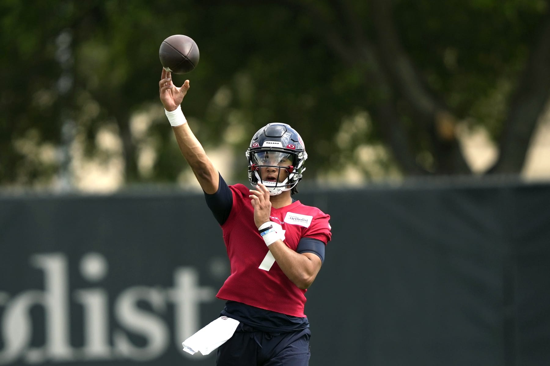 Houston Texans quarterback C.J. Stroud throws a pass during a rookie football minicamp practice Friday, May 12, 2023, in Houston. (AP Photo/David J. Phillip)
