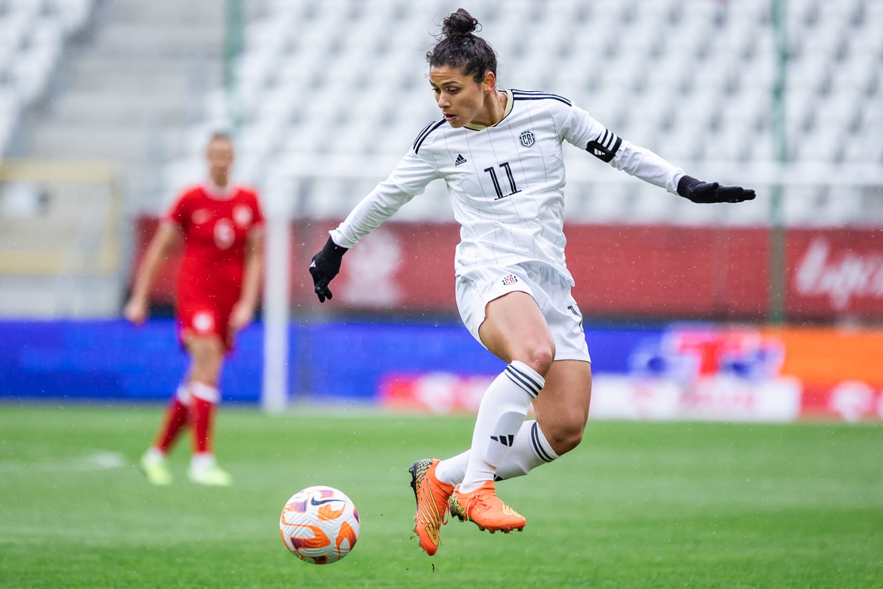 LODZ, POLAND - 2023/04/06: Raquel Rodriguez of Costa Rica in action during the women's football friendly match between Poland and Costa Rica at LKS Lodz Stadium. Final score; Poland 2:1 Costa Rica. (Photo by Mikolaj Barbanell/SOPA Images/LightRocket via Getty Images)