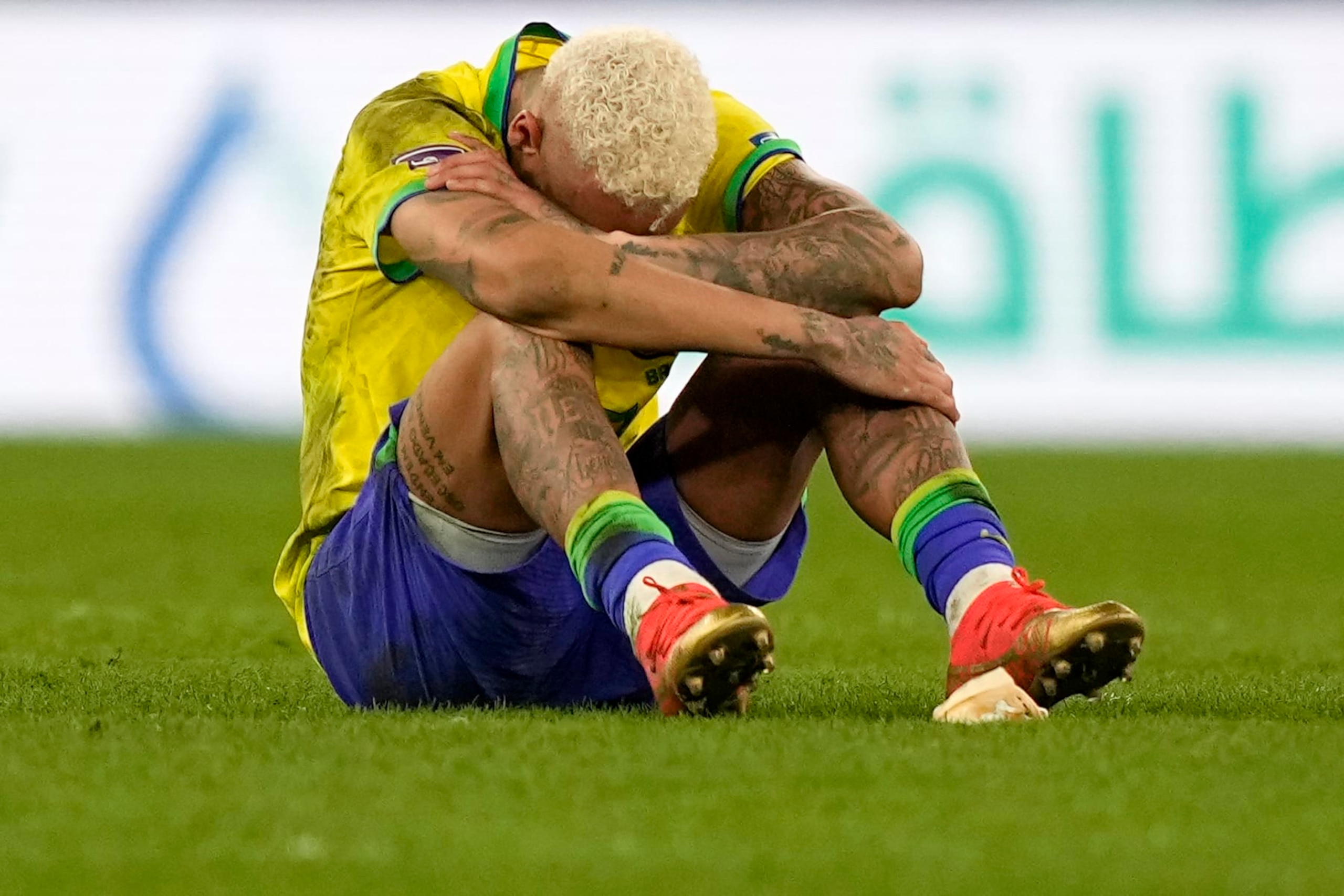 Brazil's Neymar reacts after the penalty shootout at the World Cup quarterfinal soccer match between Croatia and Brazil, at the Education City Stadium in Al Rayyan, Qatar, Friday, Dec. 9, 2022. (AP Photo/Martin Meissner)