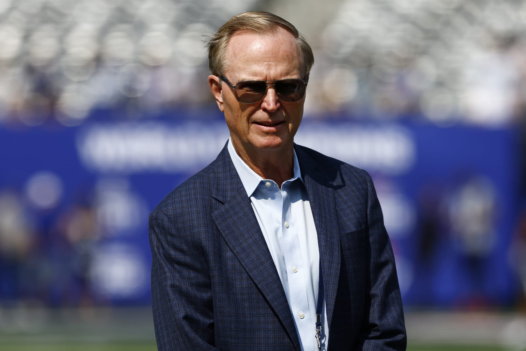 EAST RUTHERFORD, NJ - SEPTEMBER 18: President and CEO John K. Mara of the New York Giants on the sidelines before a game against the Carolina Panthers at MetLife Stadium on September 18, 2022 in East Rutherford, New Jersey. (Photo by Rich Schultz/Getty Images)