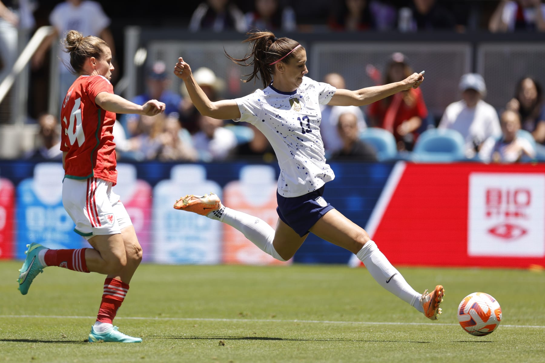 SAN JOSE, CALIFORNIA - JULY 09: Alex Morgan #13 of the United States strikes the ball during the first half of an international friendly against Wales at PayPal Park on July 09, 2023 in San Jose, California. (Photo by Carmen Mandato/USSF/Getty Images for USSF)