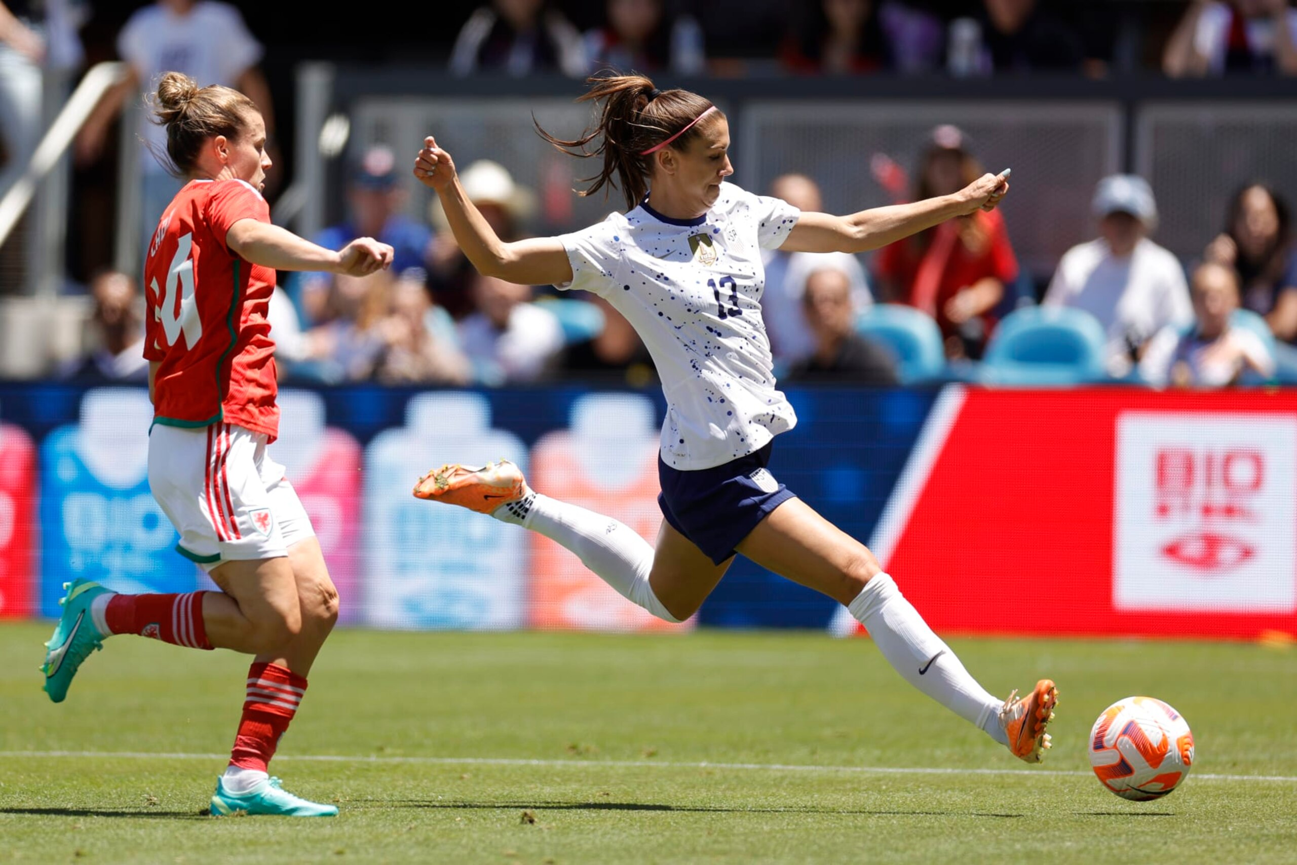 SAN JOSE, CALIFORNIA - JULY 09: Alex Morgan #13 of the United States strikes the ball during the first half of an international friendly against Wales at PayPal Park on July 09, 2023 in San Jose, California. (Photo by Carmen Mandato/USSF/Getty Images for USSF)