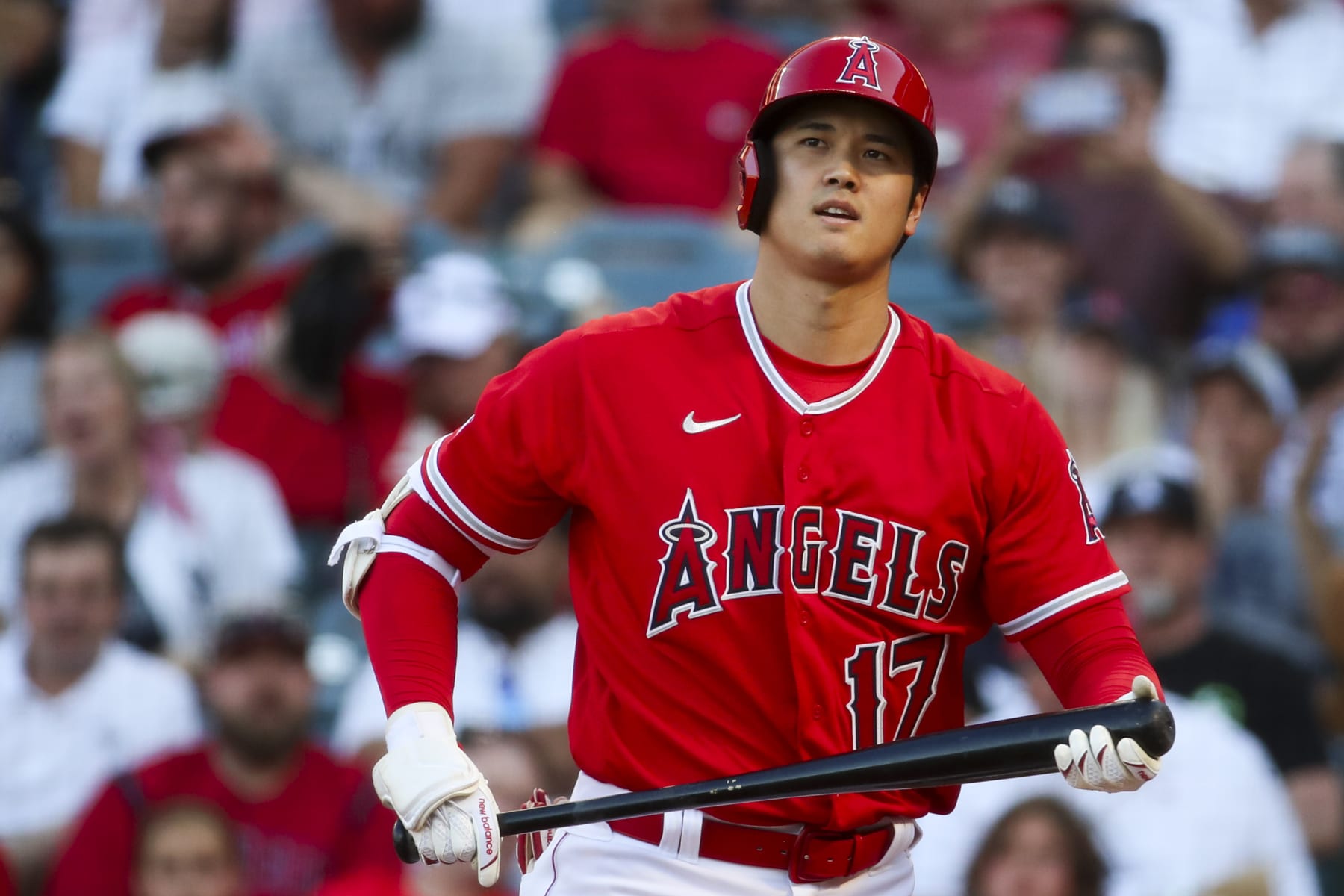 Anaheim, CA - July 18: Angeles designated hitter Shohei Ohtani during a game with the Yankees at Angel Stadium in Anaheim Tuesday, July 18, 2023.  (Allen J. Schaben / Los Angeles Times via Getty Images)