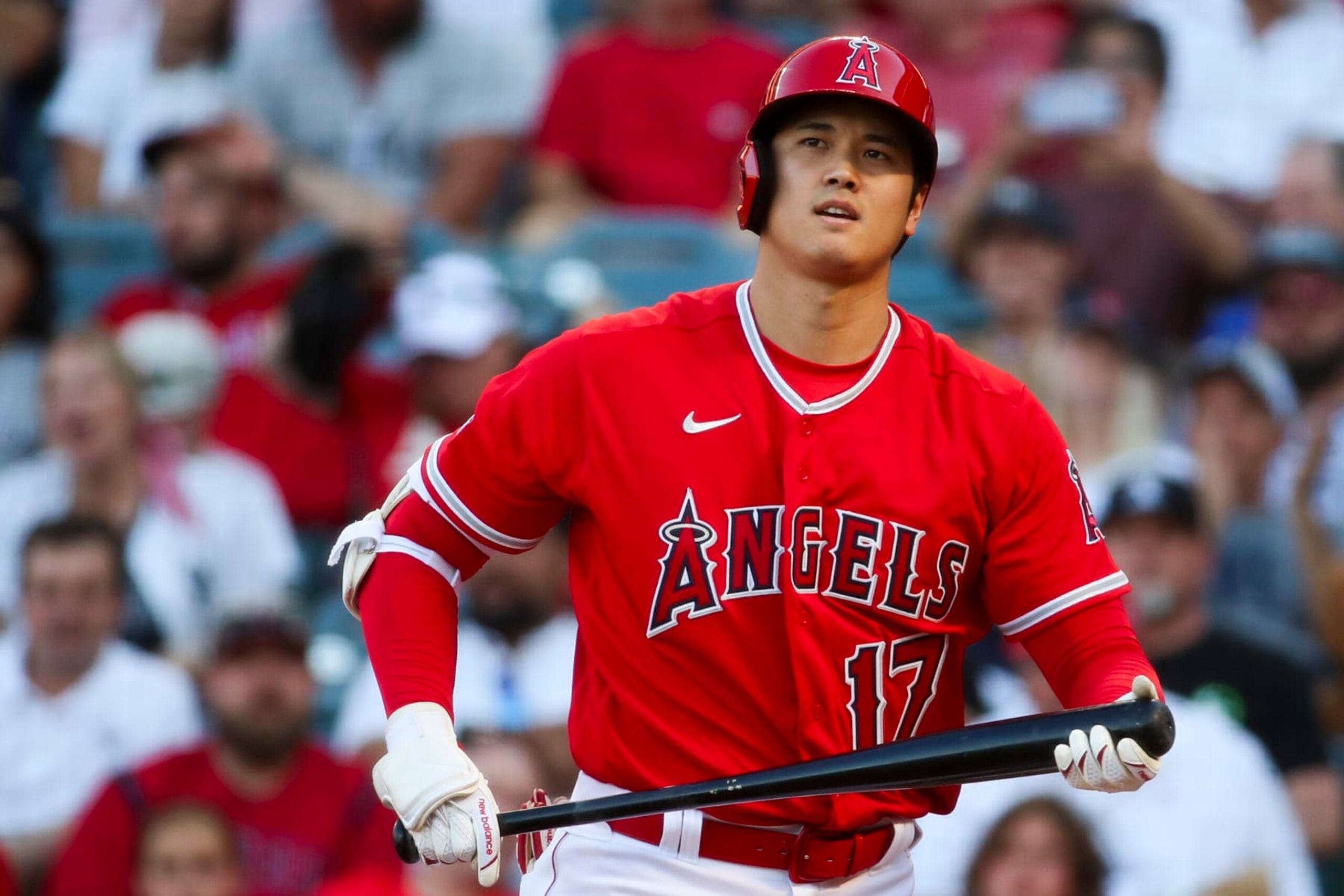 Anaheim, CA - July 18: Angeles designated hitter Shohei Ohtani during a game with the Yankees at Angel Stadium in Anaheim Tuesday, July 18, 2023.  (Allen J. Schaben / Los Angeles Times via Getty Images)