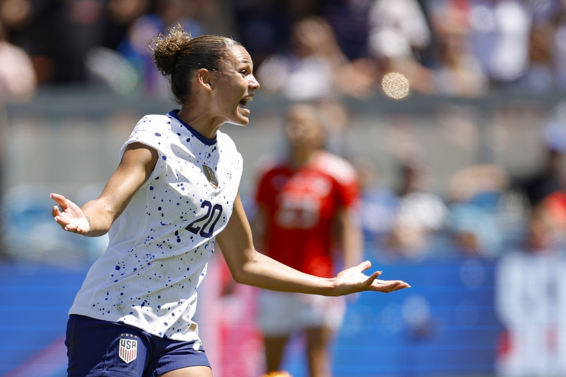 SAN JOSE, CALIFORNIA - JULY 09: Trinity Rodman #20 of USA celebrating her goal during an international friendly game between Wales and USWNT at PayPal Park on July 9, 2023 in San Jose, California.  (Photo by Carmen Mandato/USSF/Getty Images for USSF)