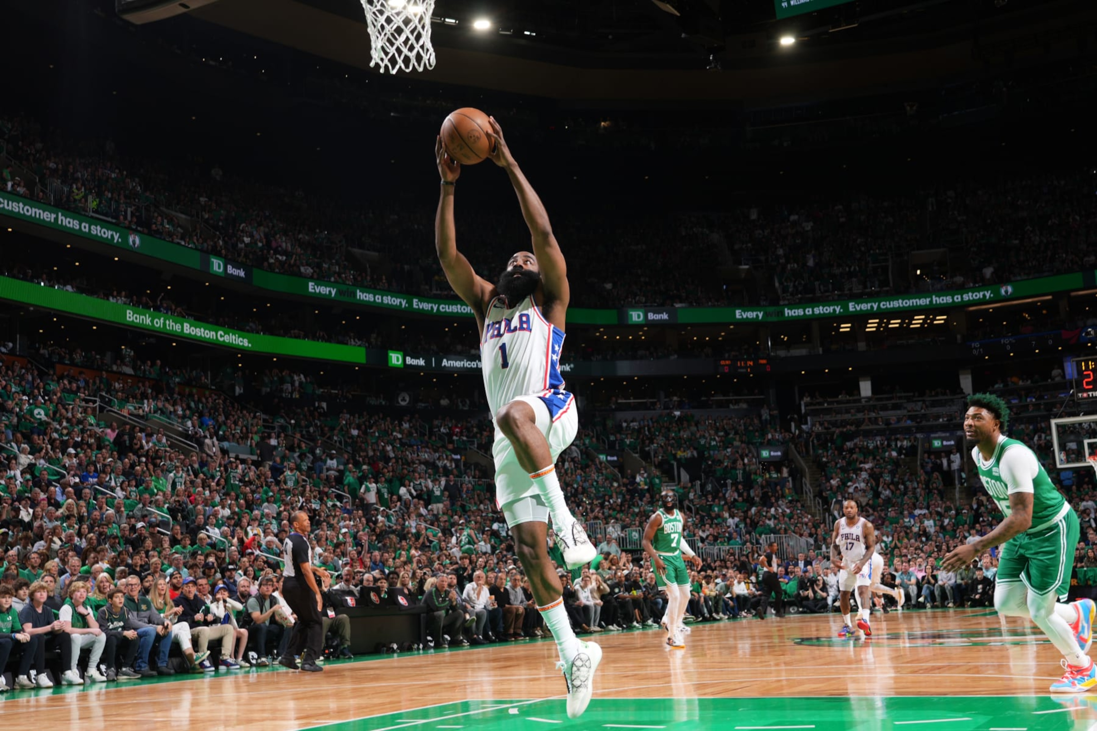 BOSTON, MA - MAY 14: James Harden #1 of the Philadelphia 76ers drives to the basket during Game Seven of the Eastern Conference Semi-Finals of the 2023 NBA Playoffs against the Boston Celtics on May 14, 2023 at the TD Garden in Boston, Massachusetts. NOTE TO USER: User expressly acknowledges and agrees that, by downloading and or using this photograph, User is consenting to the terms and conditions of the Getty Images License Agreement. Mandatory Copyright Notice: Copyright 2023 NBAE (Photo by Jesse D. Garrabrant/NBAE via Getty Images) BOSTON, MA - MAY 14: James Harden #1 of the Philadelphia 76ers drives to the basket during Game Seven of the Eastern Conference Semi-Finals of the 2023 NBA Playoffs against the Boston Celtics on May 14, 2023 at the TD Garden in Boston, Massachusetts. NOTE TO USER: User expressly acknowledges and agrees that, by downloading and or using this photograph, User is consenting to the terms and conditions of the Getty Images License Agreement. Mandatory Copyright Notice: Copyright 2023 NBAE (Photo by Jesse D. Garrabrant/NBAE via Getty Images)