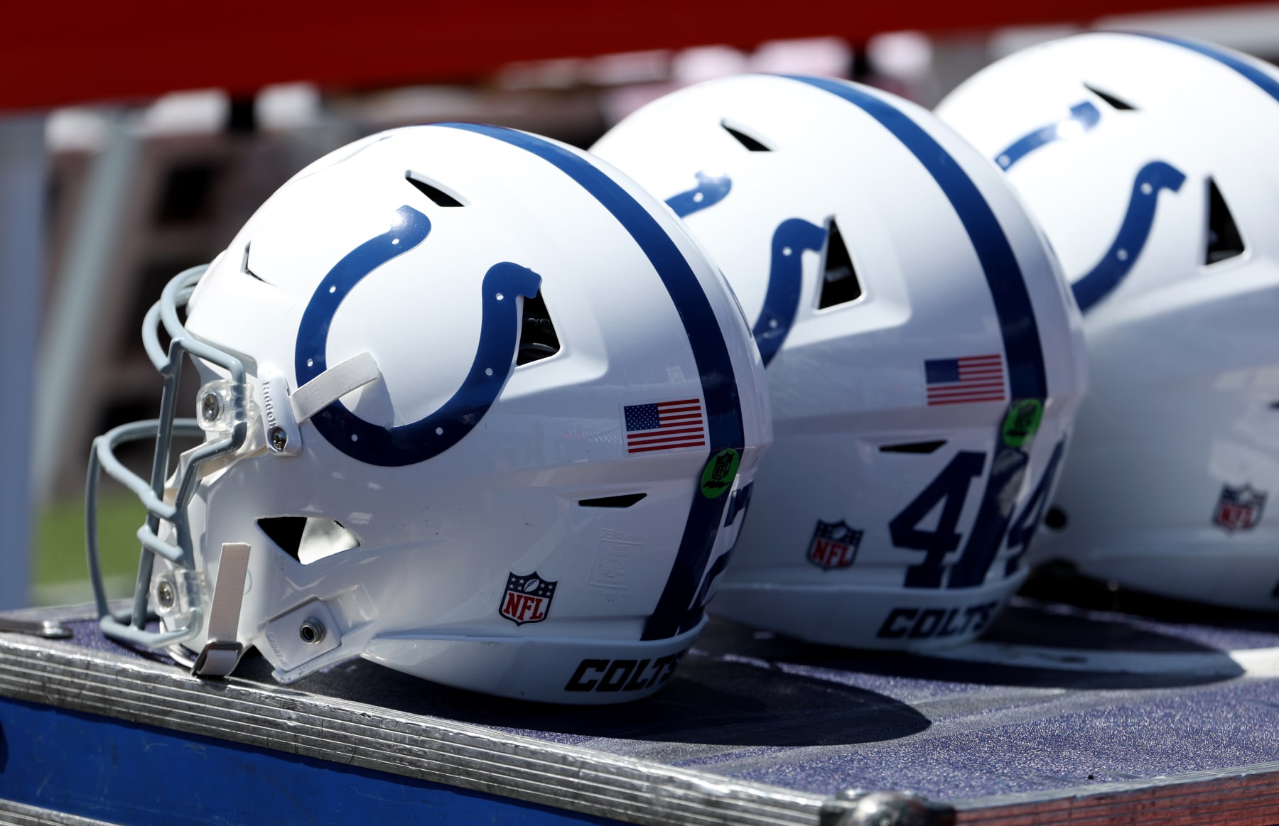 ORCHARD PARK, NY - AUGUST 13: A general view of the helmets worn by Indianapolis Colts players during a preseason game against the Buffalo Bills at Highmark Stadium on August 13, 2022 in Orchard Park, New York. (Photo by Timothy T Ludwig/Getty Images)