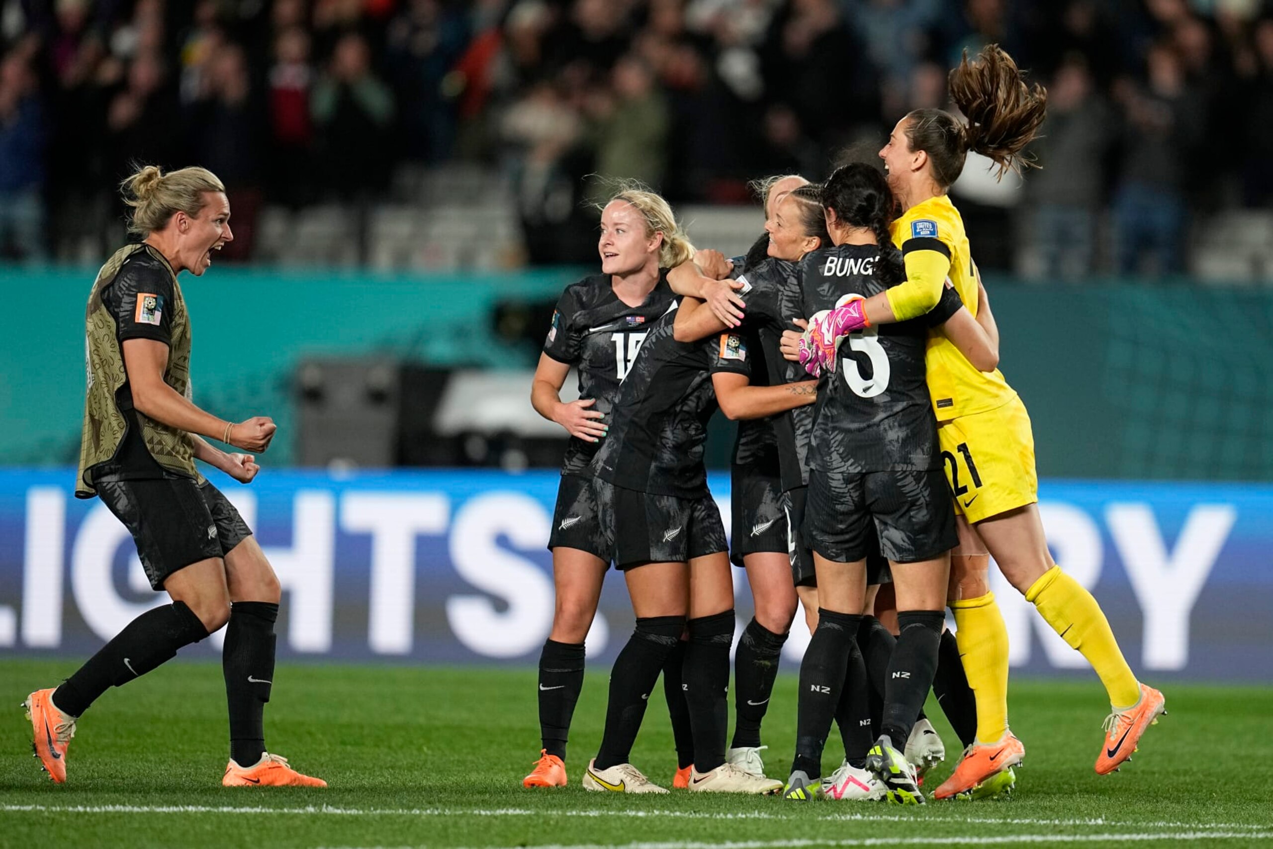 New Zealand's players celebrate at the end of the Women's World Cup soccer match between New Zealand and Norway in Auckland, New Zealand, Thursday, July 20, 2023. (AP Photo/Abbie Parr)