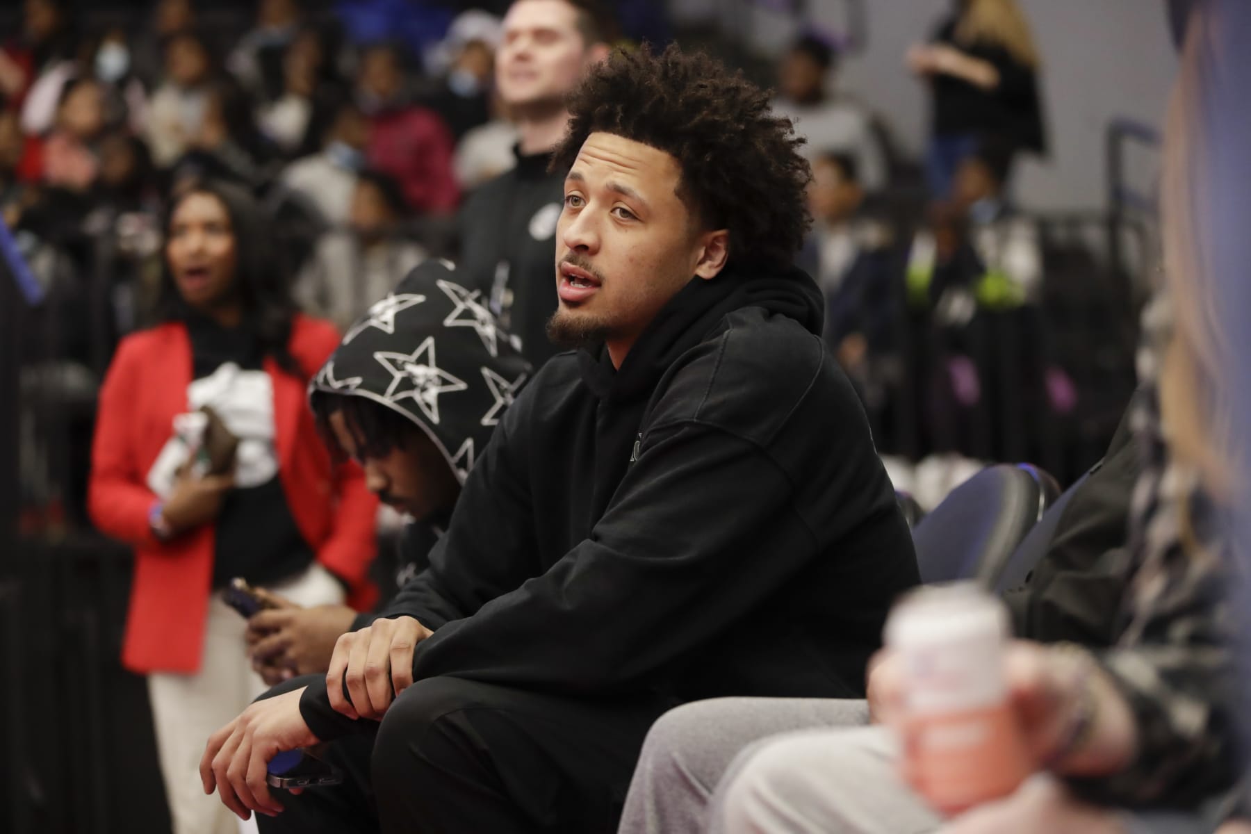DETROIT, MI MARCH 15: Cade Cunningham #2 of the Detroit Pistons on the sidelines during the first half on March 15, 2023 at Wayne State Fieldhouse in Detroit, Michigan. NOTE TO USER: User expressly acknowledges and agrees that, by downloading and or using this Photograph, User is consenting to the terms and conditions of the Getty Images License Agreement. Mandatory Copyright Notice: Copyright 2022 NBAE (Photo by Brian Sevald/NBAE via Getty Images)
