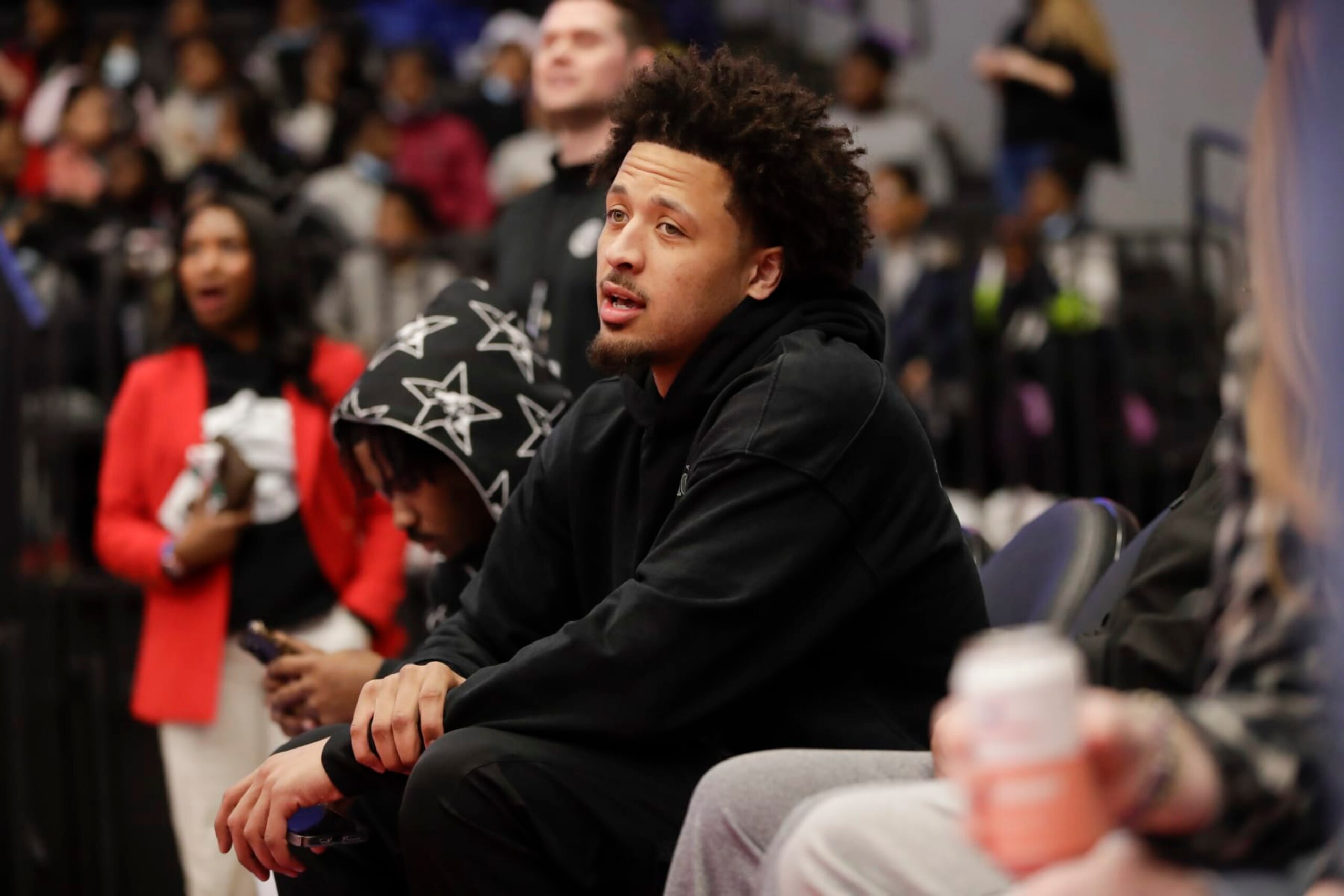 DETROIT, MI MARCH 15: Cade Cunningham #2 of the Detroit Pistons on the sidelines during the first half on March 15, 2023 at Wayne State Fieldhouse in Detroit, Michigan. NOTE TO USER: User expressly acknowledges and agrees that, by downloading and or using this Photograph, User is consenting to the terms and conditions of the Getty Images License Agreement. Mandatory Copyright Notice: Copyright 2022 NBAE (Photo by Brian Sevald/NBAE via Getty Images)
