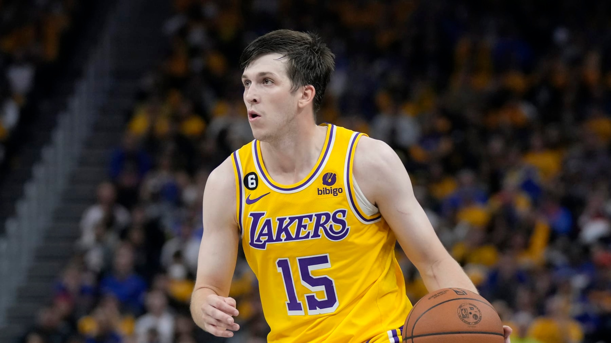 Los Angeles Lakers guard Austin Reaves (15) during Game 1 of the NBA basketball Western Conference semifinals against the Golden State Warriors in San Francisco, Tuesday, May 2, 2023. (AP Photo/Jeff Chiu)