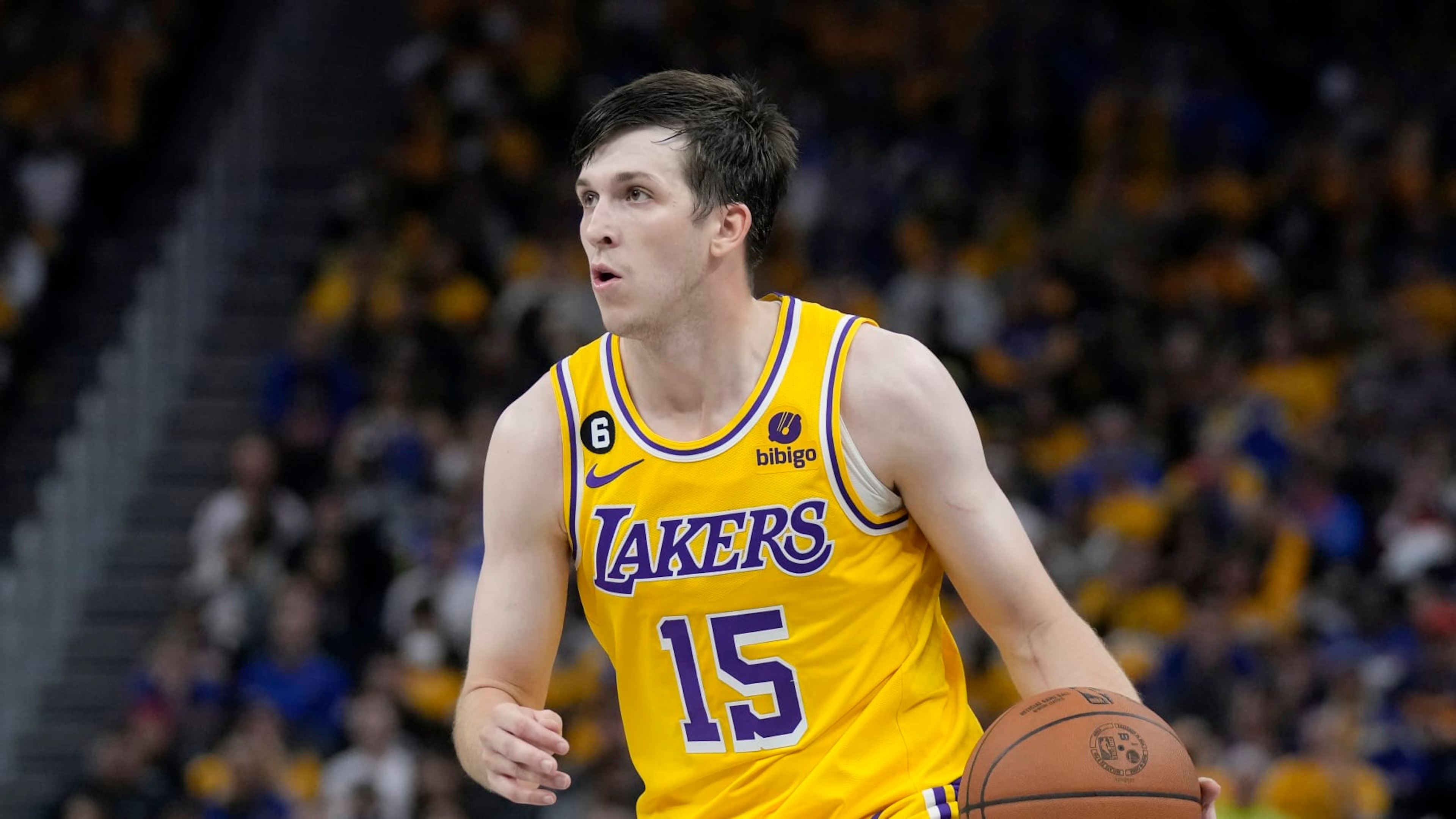 Los Angeles Lakers guard Austin Reaves (15) during Game 1 of the NBA basketball Western Conference semifinals against the Golden State Warriors in San Francisco, Tuesday, May 2, 2023. (AP Photo/Jeff Chiu) Los Angeles Lakers guard Austin Reaves (15) during Game 1 of the NBA basketball Western Conference semifinals against the Golden State Warriors in San Francisco, Tuesday, May 2, 2023. (AP Photo/Jeff Chiu)