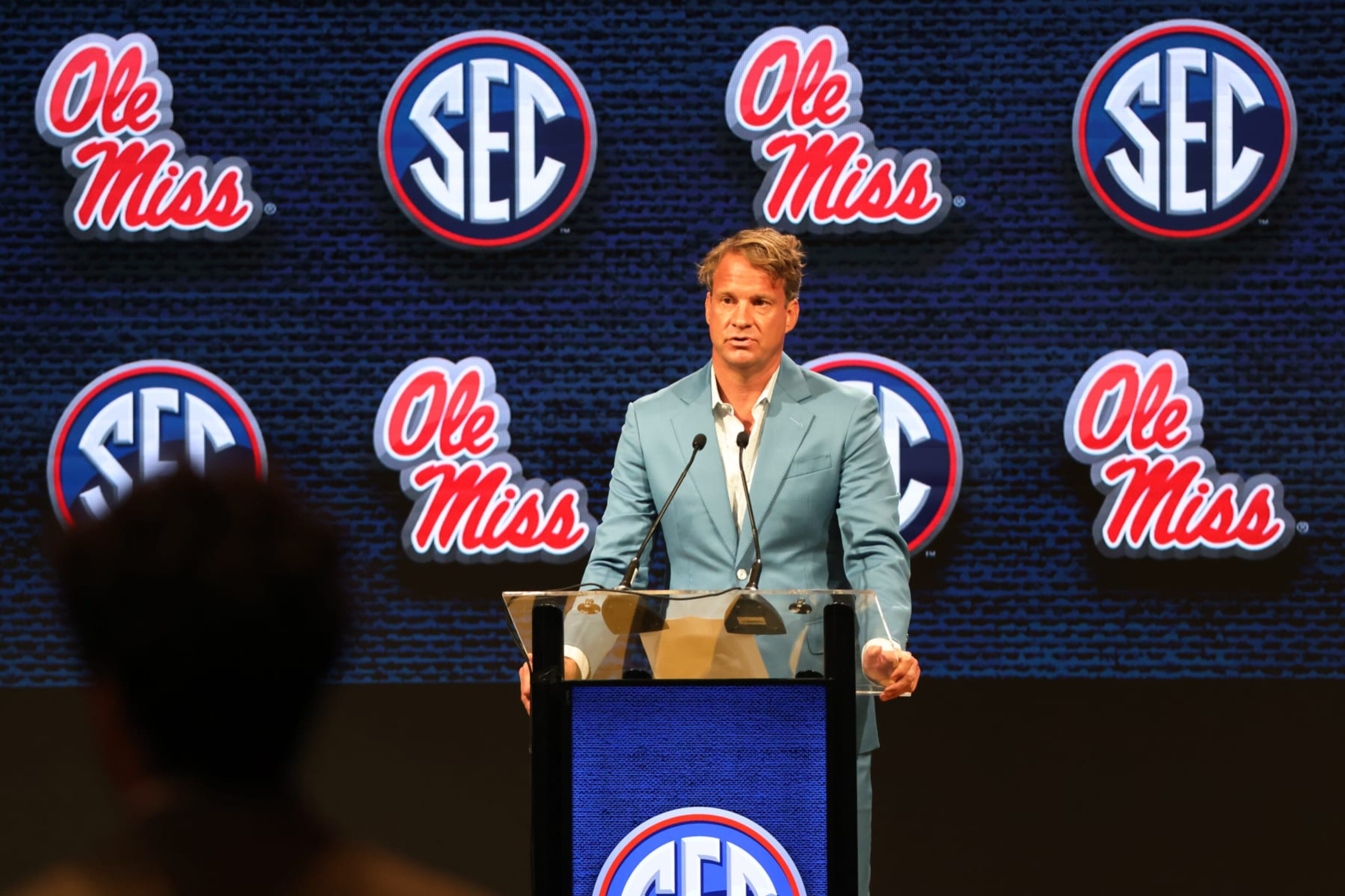 NASHVILLE, TN - JULY 20: Ole Miss Rebels head coach Lane Kiffin listens to a question during Southeastern Conference Football Kickoff Media Day, July 20, 2023 at the Grand Hyatt Nashville in Nashville, Tennessee. (Photo by Matthew Maxey/Icon Sportswire via Getty Images)