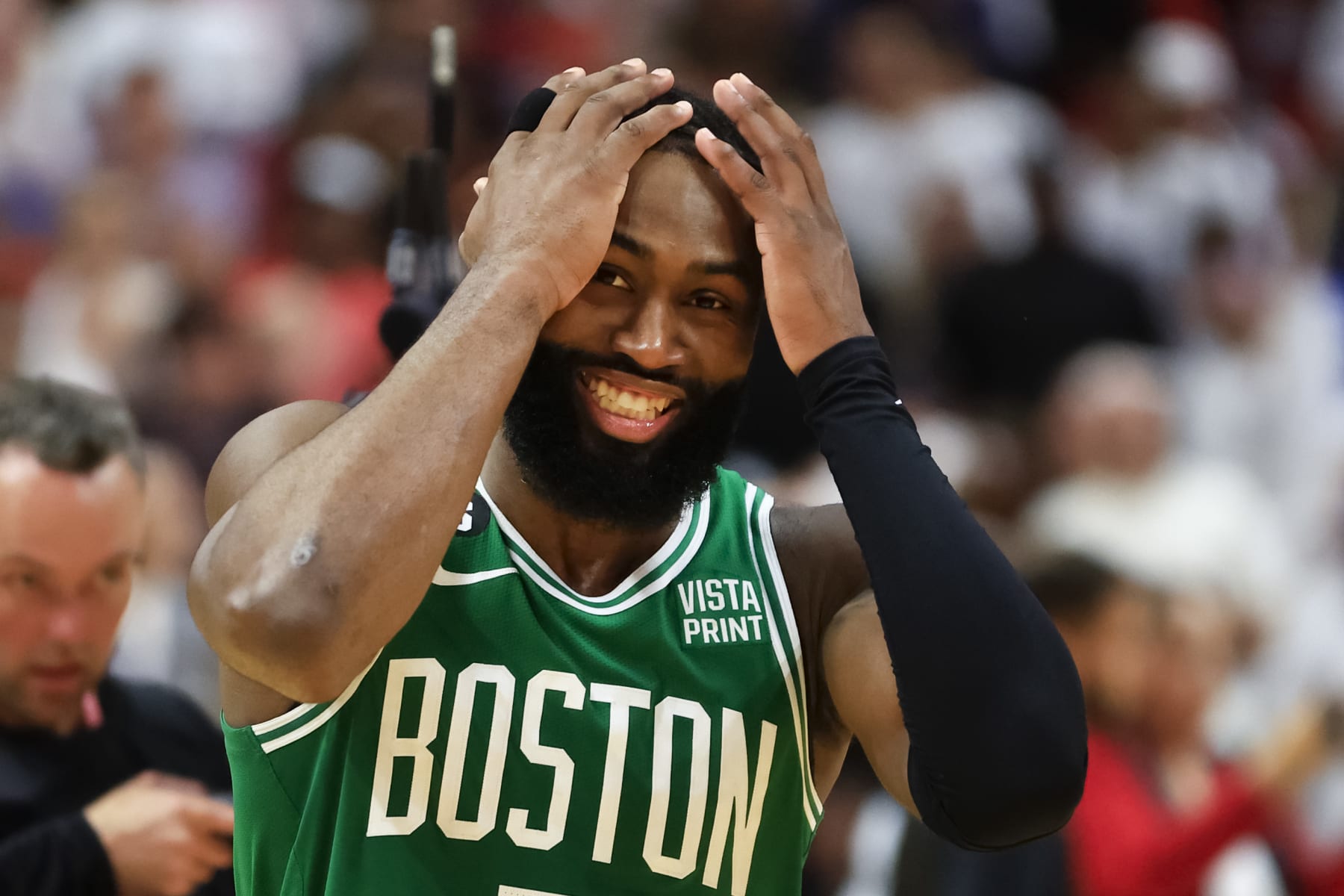 MIAMI, FLORIDA - MAY 27: Jaylen Brown #7 of the Boston Celtics reacts to defeating the Miami Heat 104-103 in game six of the Eastern Conference Finals at Kaseya Center on May 27, 2023 in Miami, Florida. NOTE TO USER: User expressly acknowledges and agrees that, by downloading and or using this photograph, User is consenting to the terms and conditions of the Getty Images License Agreement. (Photo by Mike Ehrmann/Getty Images)