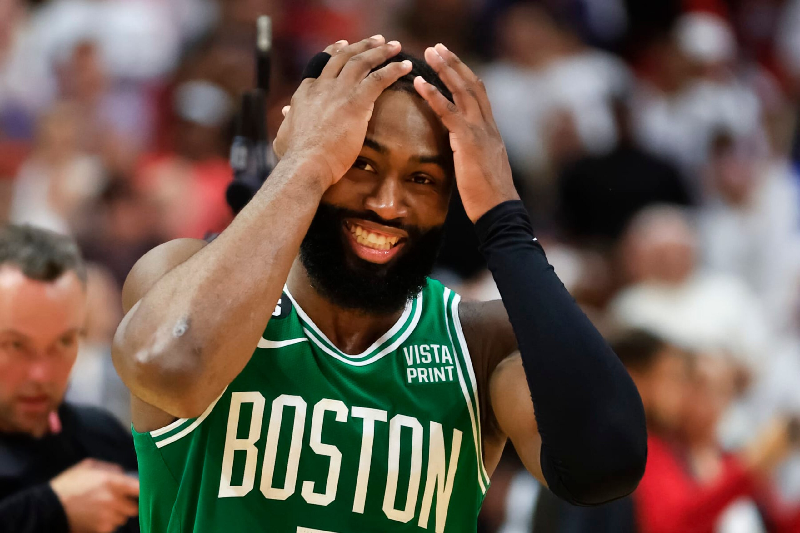 MIAMI, FLORIDA - MAY 27: Jaylen Brown #7 of the Boston Celtics reacts to defeating the Miami Heat 104-103 in game six of the Eastern Conference Finals at Kaseya Center on May 27, 2023 in Miami, Florida. NOTE TO USER: User expressly acknowledges and agrees that, by downloading and or using this photograph, User is consenting to the terms and conditions of the Getty Images License Agreement. (Photo by Mike Ehrmann/Getty Images)
