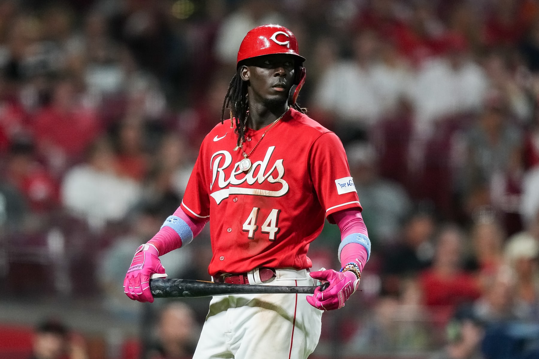 CINCINNATI, OHIO - JULY 18: Elly De La Cruz #44 of the Cincinnati Reds walks back to the dugout after striking out in the eighth inning against the San Francisco Giants at Great American Ball Park on July 18, 2023 in Cincinnati, Ohio. (Photo by Dylan Buell/Getty Images) CINCINNATI, OHIO - JULY 18: Elly De La Cruz #44 of the Cincinnati Reds walks back to the dugout after striking out in the eighth inning against the San Francisco Giants at Great American Ball Park on July 18, 2023 in Cincinnati, Ohio. (Photo by Dylan Buell/Getty Images)