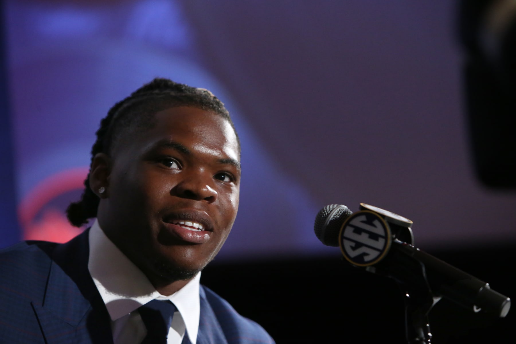 NASHVILLE, TN - JULY 20: Ole Miss Rebels running back Quinshon Judkins (4) listens to a question during Southeastern Conference Football Kickoff Media Day, July 20, 2023 at the Grand Hyatt Nashville in Nashville, Tennessee. (Photo by Matthew Maxey/Icon Sportswire via Getty Images)