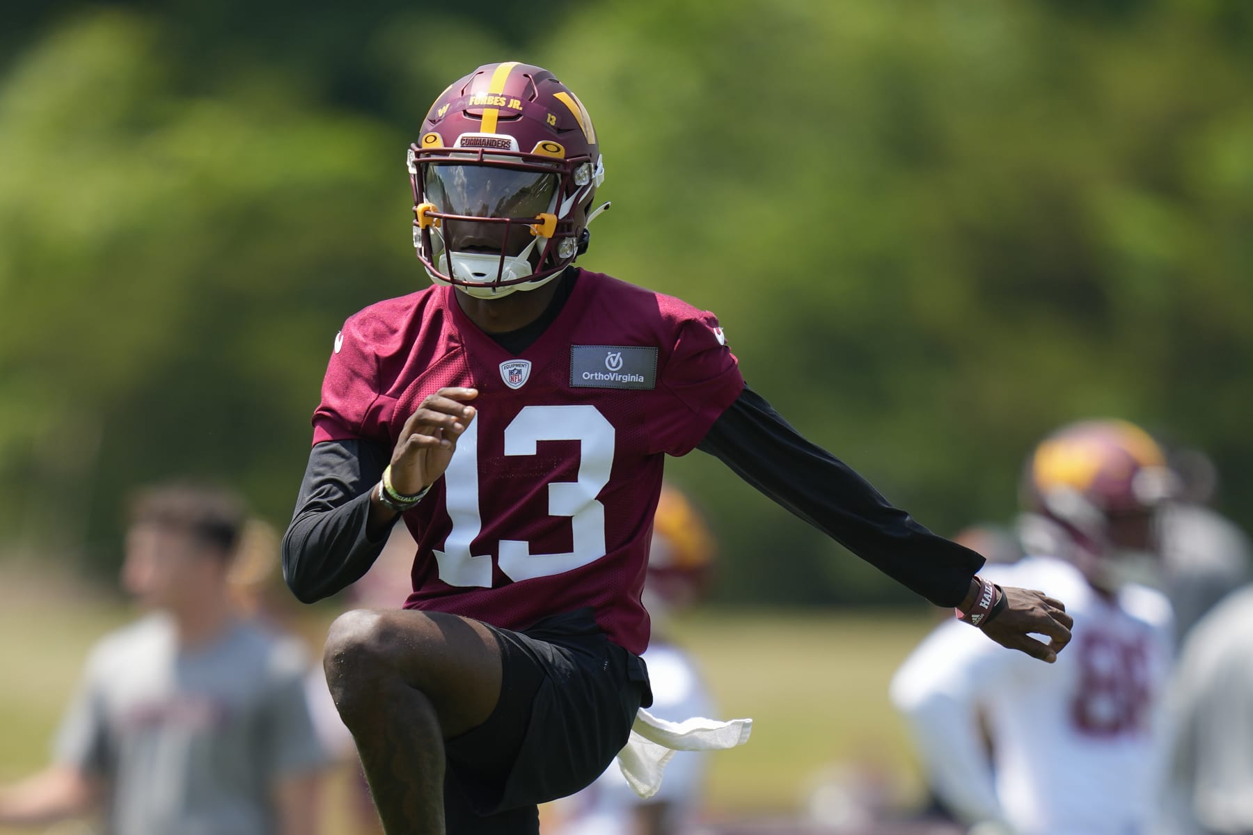 Washington Commanders cornerback Emmanuel Forbes Jr., runs a drill during the NFL football team's rookie minicamp, Friday, May 12, 2023, in Ashburn, Va. (AP Photo/Patrick Semansky)