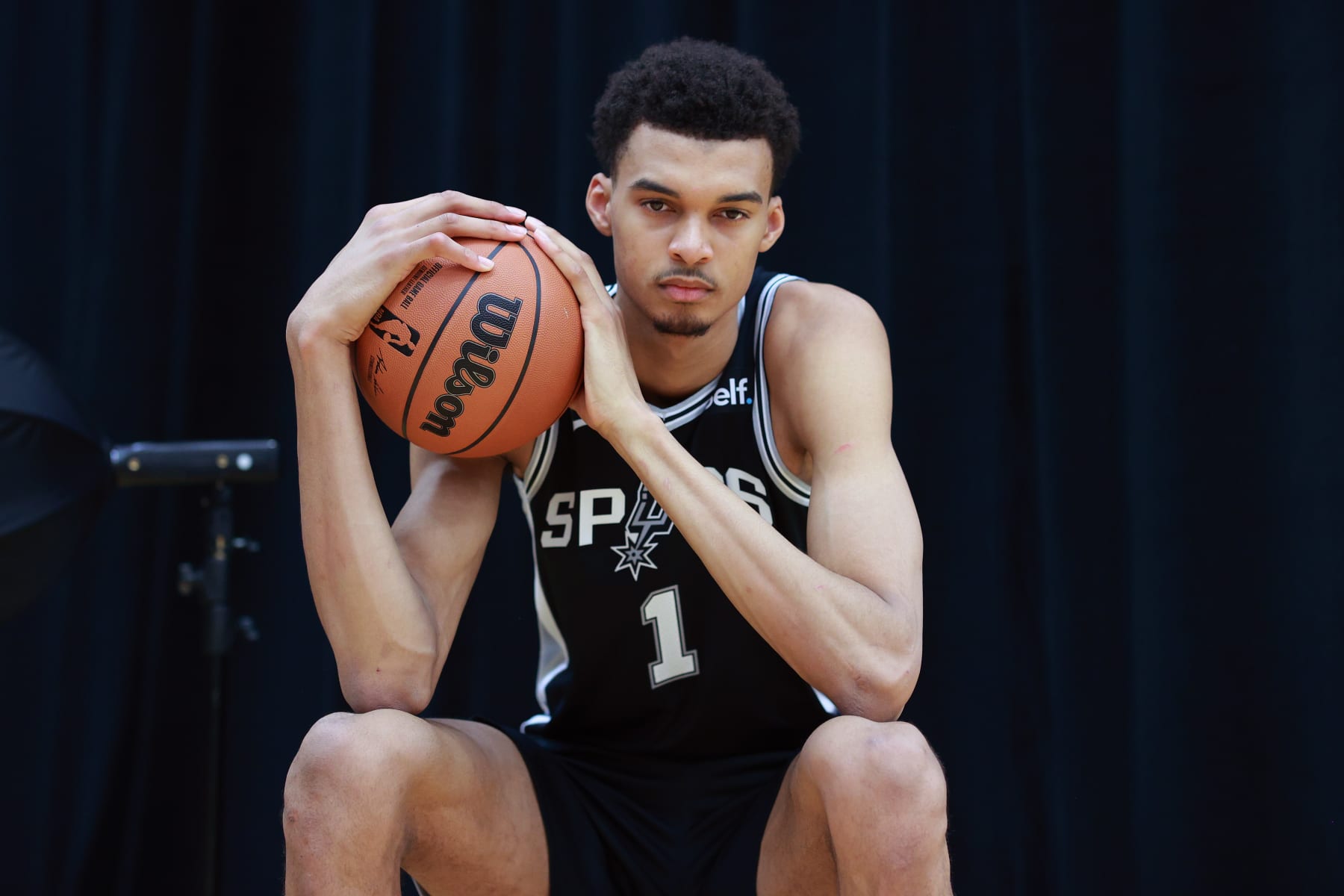 LAS VEGAS, NEVADA - JULY 12: Victor Wembanyama #1 of the San Antonio Spurs poses for a portrait during the 2023 NBA rookie photo shoot at UNLV on July 12, 2023 in Las Vegas, Nevada. (Photo by Mike Lawrie/Getty Images)