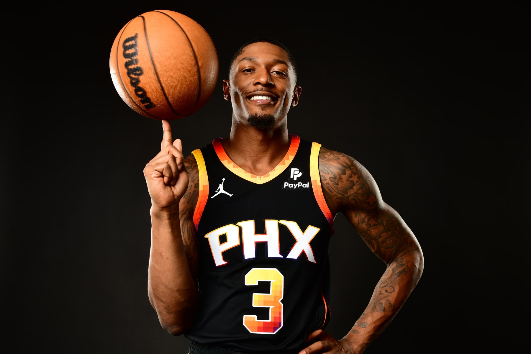PHOENIX, AZ - JUNE 29:  Bradley Beal #3 of the Phoenix Suns poses for a portrait on June 29, 2023 at the Footprint Center in Phoenix, Arizona. NOTE TO USER: User expressly acknowledges and agrees that, by downloading and or using this Photograph, user is consenting to the terms and conditions of the Getty Images License Agreement. Mandatory Copyright Notice: Copyright 2023 NBAE (Photo by Barry Gossage / NBAE via Getty Images)