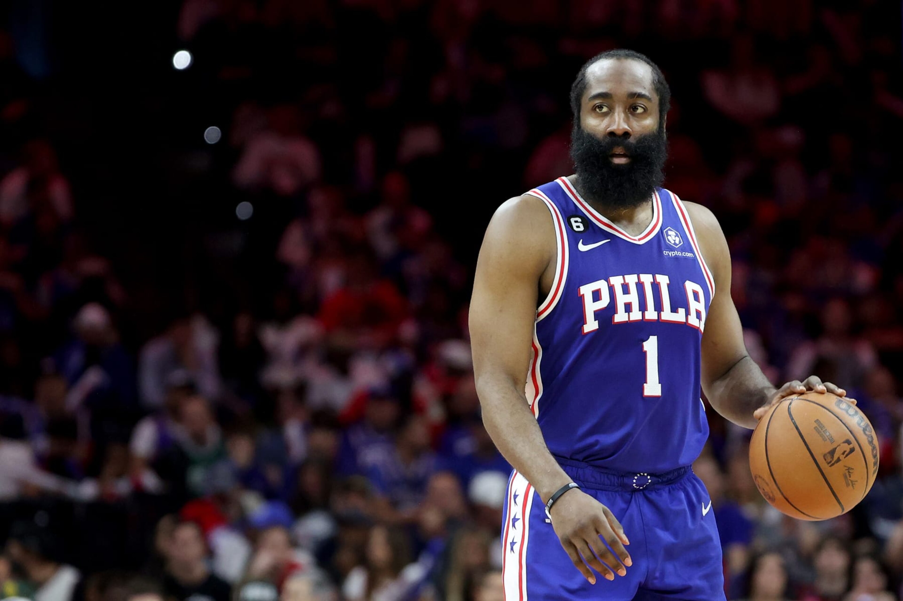PHILADELPHIA, PENNSYLVANIA - MAY 11: James Harden #1 of the Philadelphia 76ers dribbles against the Boston Celtics during the third quarter in game six of the Eastern Conference Semifinals in the 2023 NBA Playoffs at Wells Fargo Center on May 11, 2023 in Philadelphia, Pennsylvania. NOTE TO USER: User expressly acknowledges and agrees that, by downloading and or using this photograph, User is consenting to the terms and conditions of the Getty Images License Agreement. (Photo by Tim Nwachukwu/Getty Images) PHILADELPHIA, PENNSYLVANIA - MAY 11: James Harden #1 of the Philadelphia 76ers dribbles against the Boston Celtics during the third quarter in game six of the Eastern Conference Semifinals in the 2023 NBA Playoffs at Wells Fargo Center on May 11, 2023 in Philadelphia, Pennsylvania. NOTE TO USER: User expressly acknowledges and agrees that, by downloading and or using this photograph, User is consenting to the terms and conditions of the Getty Images License Agreement. (Photo by Tim Nwachukwu/Getty Images)