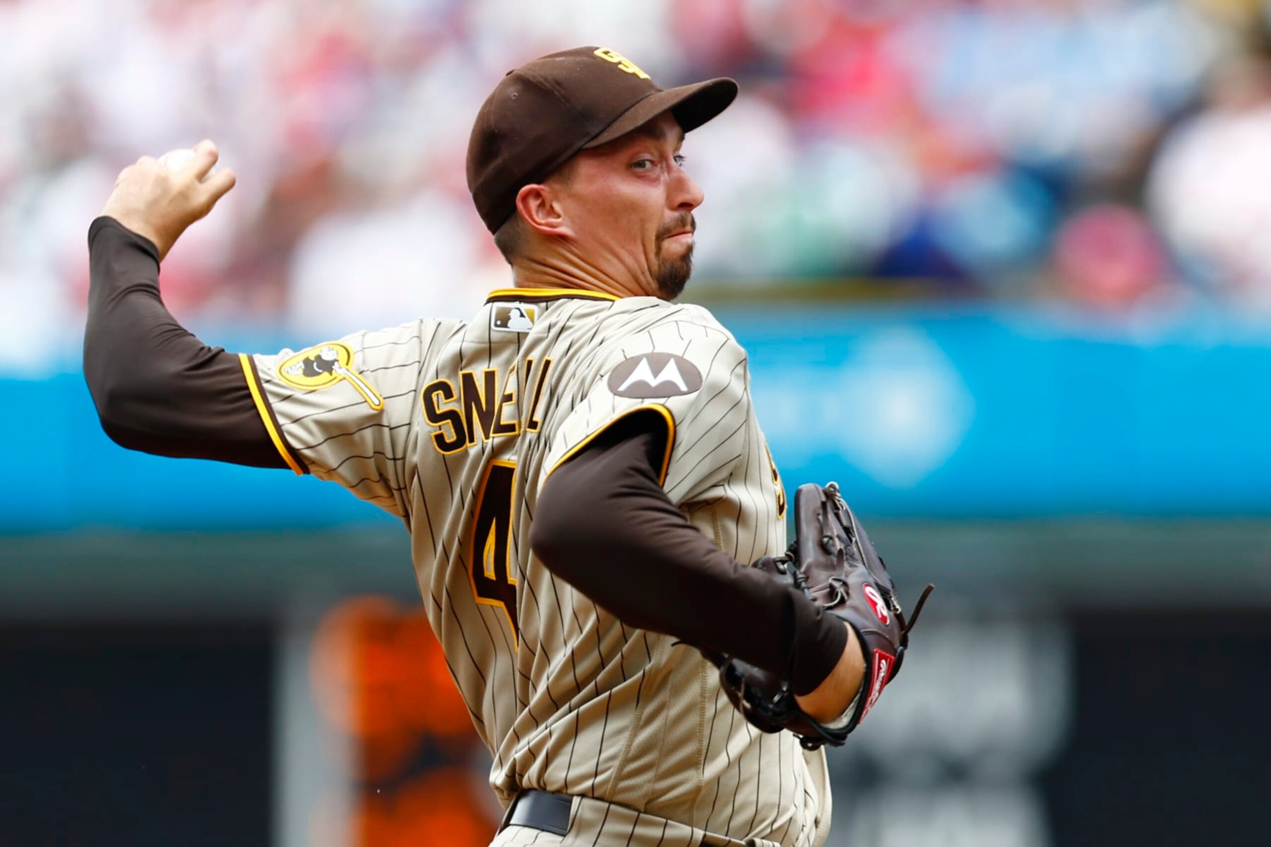 PHILADELPHIA, PENNSYLVANIA - JULY 15: Blake Snell #4 of the San Diego Padres delivers a pitch against the Philadelphia Phillies during the first inning of a game one of a double header at Citizens Bank Park on July 15, 2023 in Philadelphia, Pennsylvania. (Photo by Rich Schultz/Getty Images)