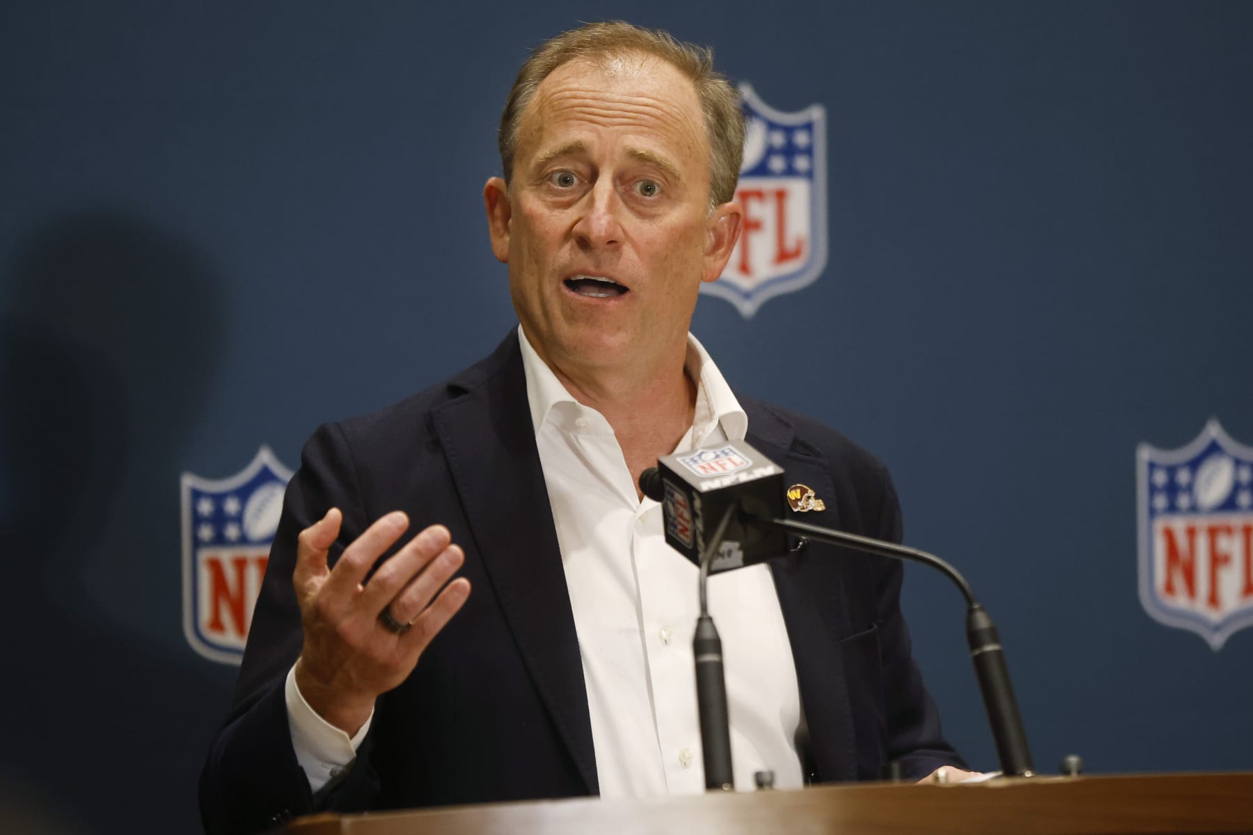 Washington Commanders new owner Josh Harris speaks with the media after the purchase of the football team was approved at a special meeting of the NFL owners in Bloomington Minn., Thursday, July 20, 2023. (AP Photo/Bruce Kluckhohn)