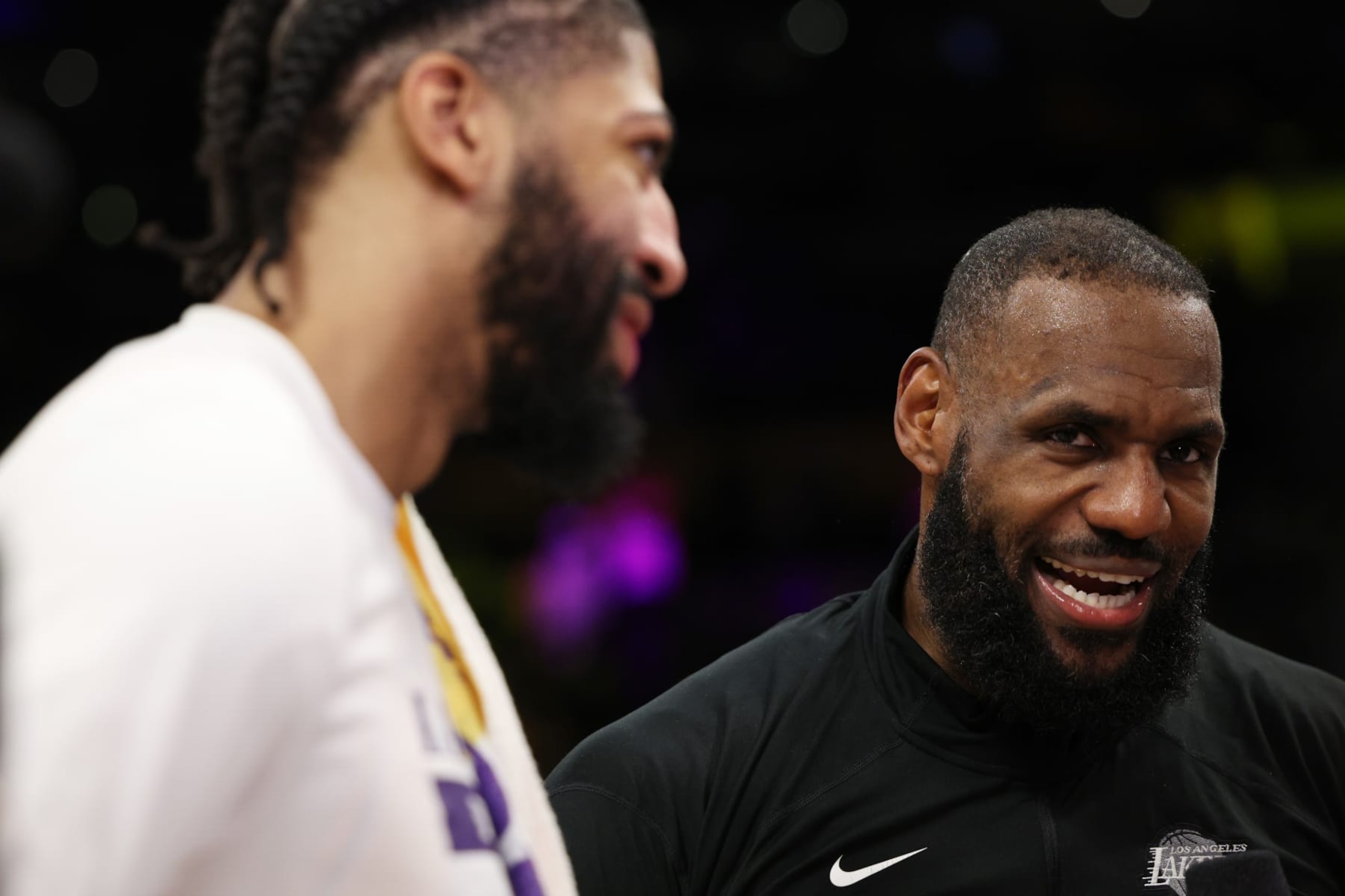 LOS ANGELES, CALIFORNIA - MAY 12: LeBron James #6 and Anthony Davis #3 of the Los Angeles Lakers react following the 122-101 victory against the Golden State Warriors in game six of the Western Conference Semifinal Playoffs at Crypto.com Arena on May 12, 2023 in Los Angeles, California. NOTE TO USER: User expressly acknowledges and agrees that, by downloading and or using this photograph, User is consenting to the terms and conditions of the Getty Images License Agreement. (Photo by Harry How/Getty Images) LOS ANGELES, CALIFORNIA - MAY 12: LeBron James #6 and Anthony Davis #3 of the Los Angeles Lakers react following the 122-101 victory against the Golden State Warriors in game six of the Western Conference Semifinal Playoffs at Crypto.com Arena on May 12, 2023 in Los Angeles, California. NOTE TO USER: User expressly acknowledges and agrees that, by downloading and or using this photograph, User is consenting to the terms and conditions of the Getty Images License Agreement. (Photo by Harry How/Getty Images)