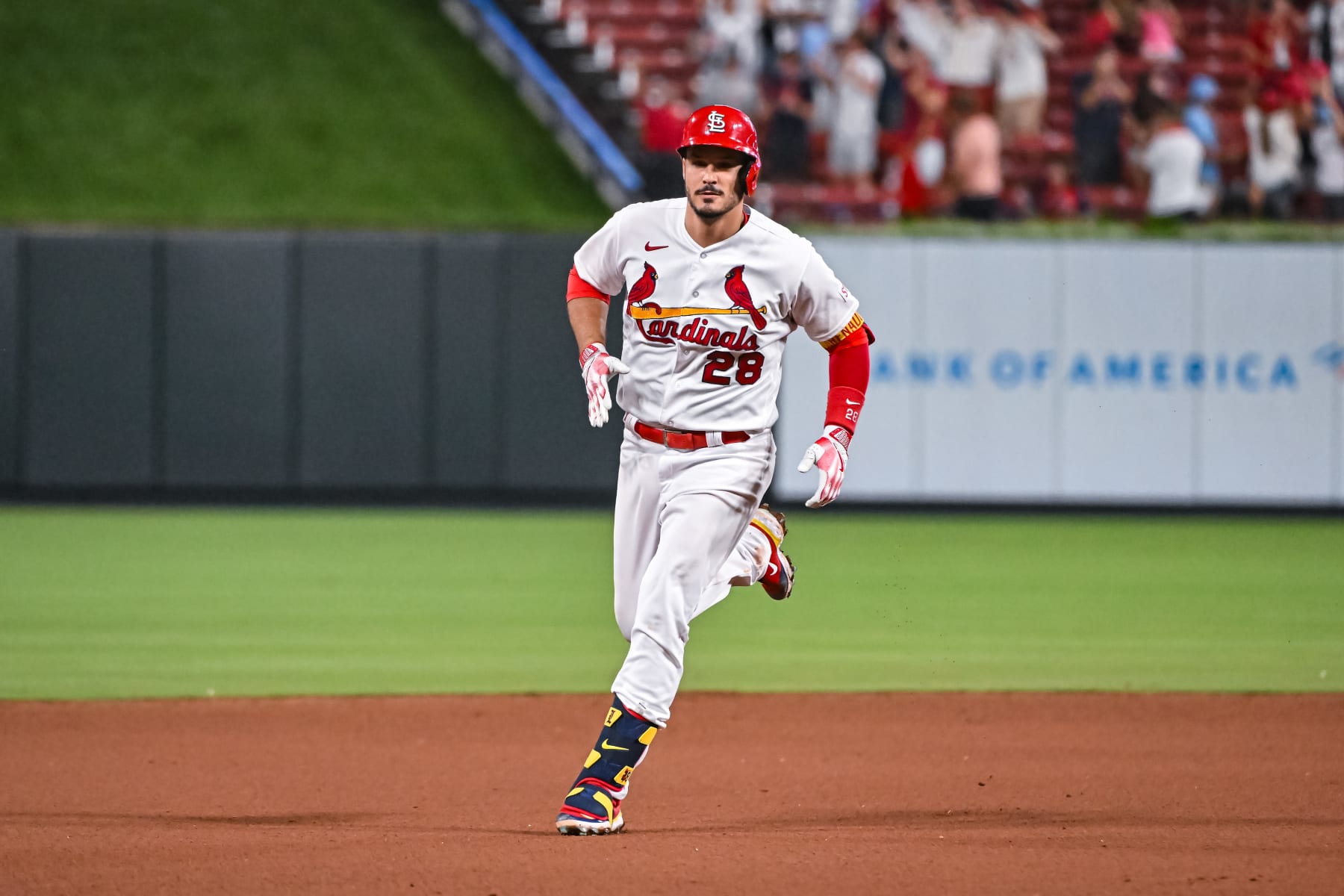 ST. LOUIS, MO - JUL 18: St. Louis Cardinals third baseman Nolan Arenado (28) rounds the bases after hitting a three run walk off home run in the bottom of the ninth inning during a game between the Miami Marlins and the St. Louis Cardinals on July 18, 2023, at Busch Stadium in St. Louis MO (Photo by Rick Ulreich/Icon Sportswire via Getty Images)