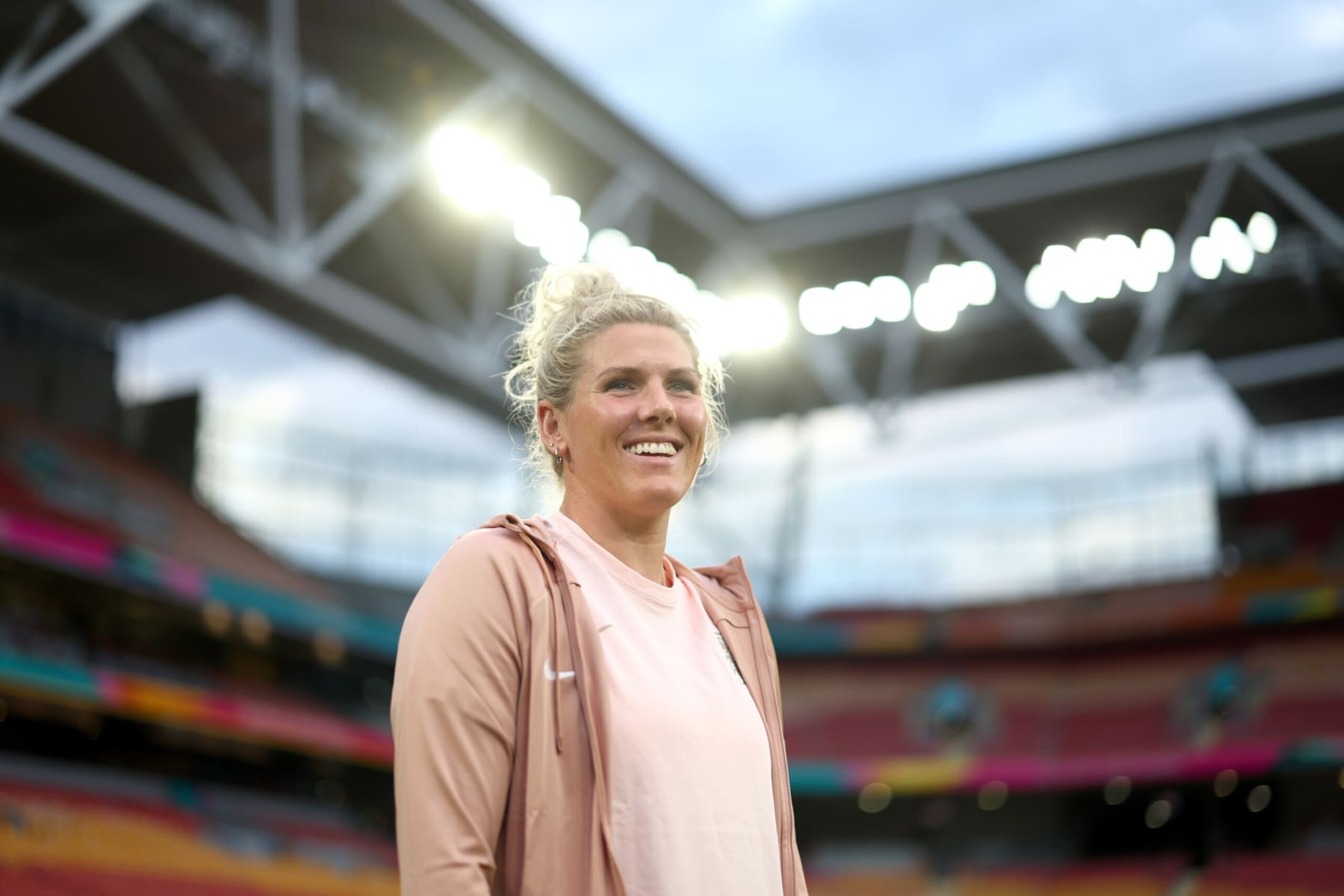 BRISBANE, AUSTRALIA - JULY 21: Millie Bright of England looks on during stadium familiarisation at Brisbane Stadium on July 21, 2023 in Brisbane, Australia. (Photo by Naomi Baker - The FA/The FA via Getty Images)