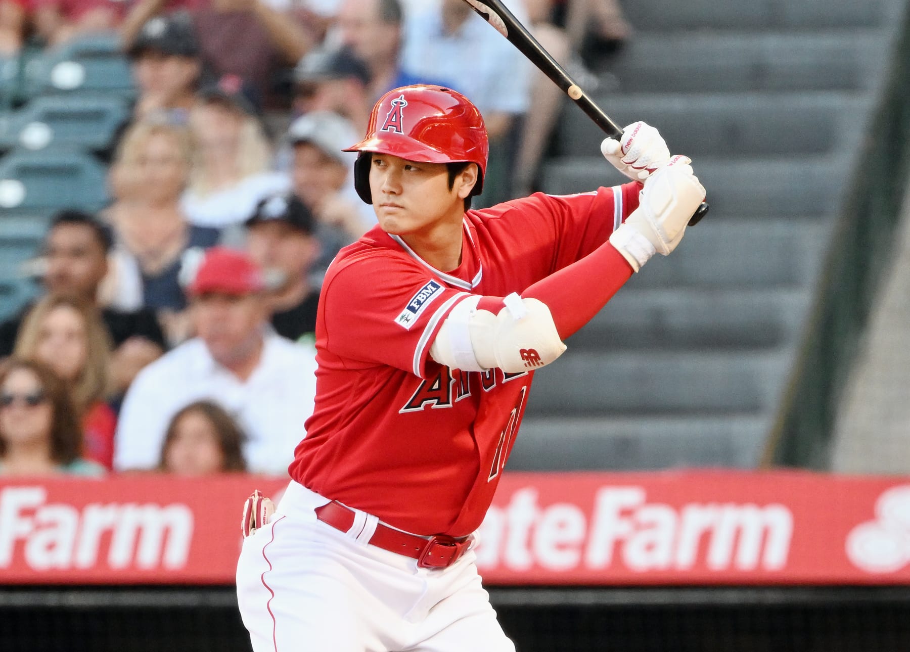 ANAHEIM, CA - JULY 18: Los Angeles Angels designated hitter Shohei Ohtani (17) during an at bat in an MLB baseball game against the New York Yankees played on July 18, 2023 at Angel Stadium in Anaheim, CA. (Photo by John Cordes/Icon Sportswire via Getty Images)