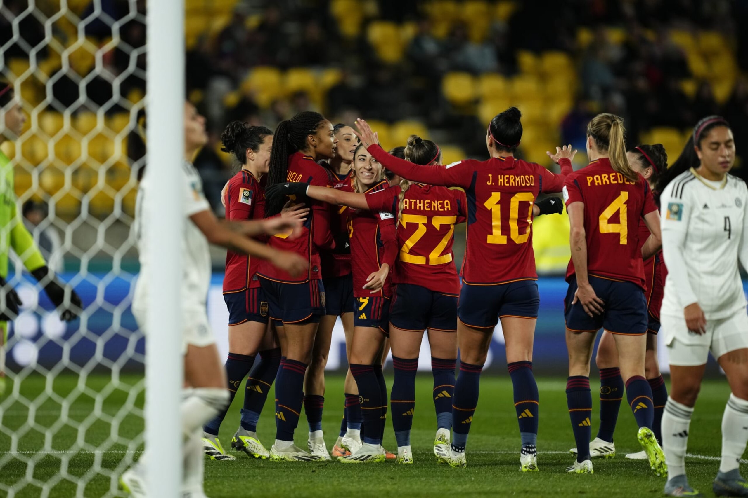 WELLINGTON, NEW ZEALAND - JULY 21: Players of Spain celebrate a goal during the FIFA Women's World Cup Australia and New Zealand 2023 Group C match between Spain and Costa Rica at Wellington Regional Stadium (Sky Stadium) in Wellington, New Zealand on July 21, 2023. (Photo by Jose Hernandez/Anadolu Agency via Getty Images)
