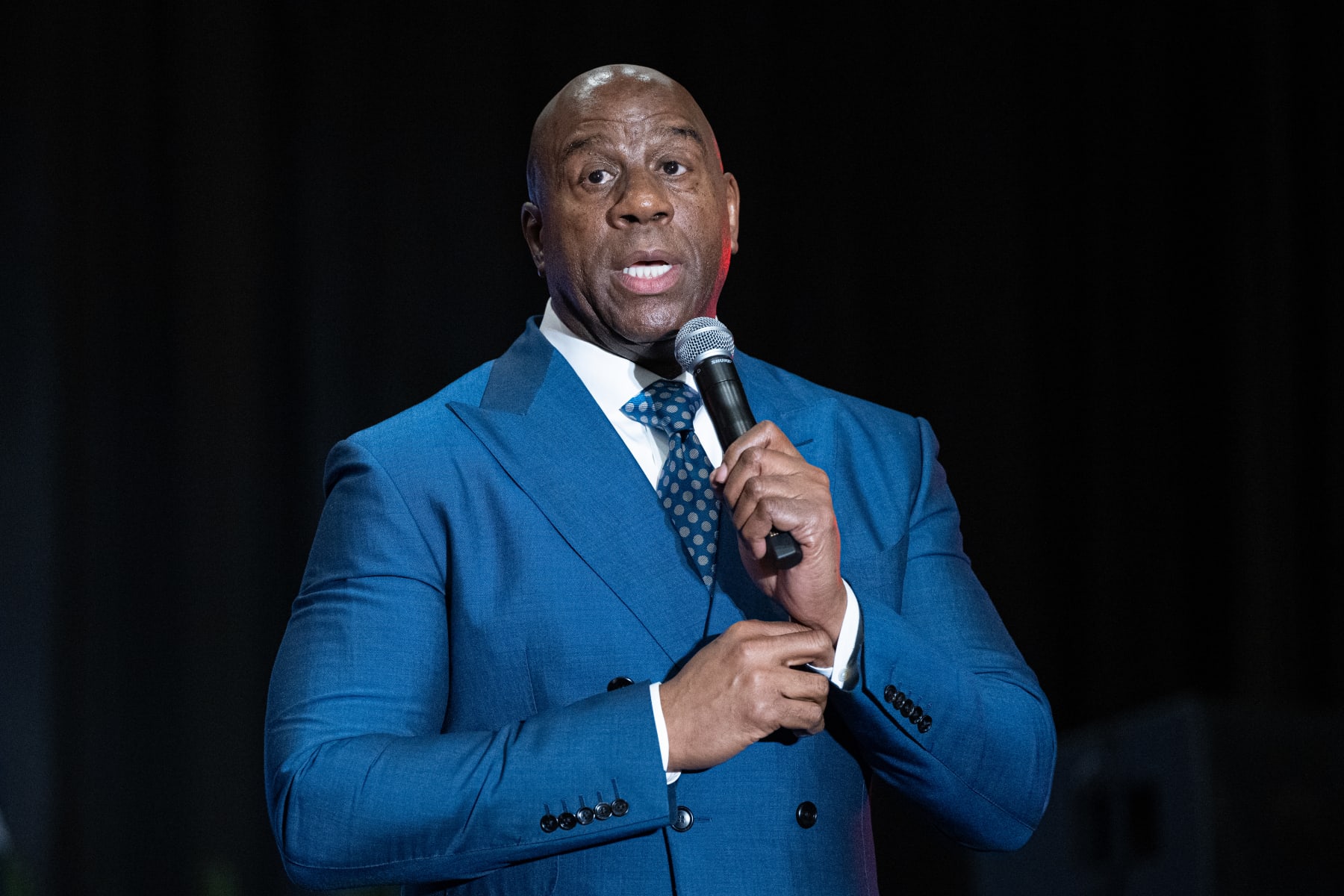 HOUSTON, TEXAS - MAY 19: Earvin "Magic" Johnson speaks on stage during the 2023 Texas Black Expo 20th Anniversary at Marriott Marquis Houston on May 19, 2023 in Houston, Texas. (Photo by Marcus Ingram/Getty Images)