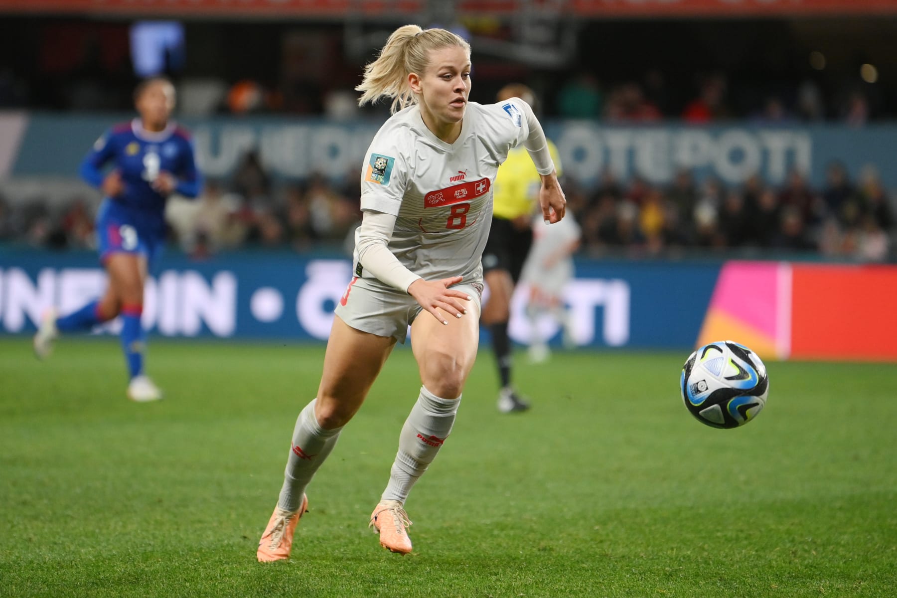DUNEDIN, NEW ZEALAND - JULY 21: Nadine Riesen of Switzerland  controls the ball during the FIFA Women's World Cup Australia & New Zealand 2023 Group A match between Philippines and Switzerland at Dunedin Stadium on July 21, 2023 in Dunedin / Åtepoti, New Zealand. (Photo by Joe Allison - FIFA/FIFA via Getty Images)
