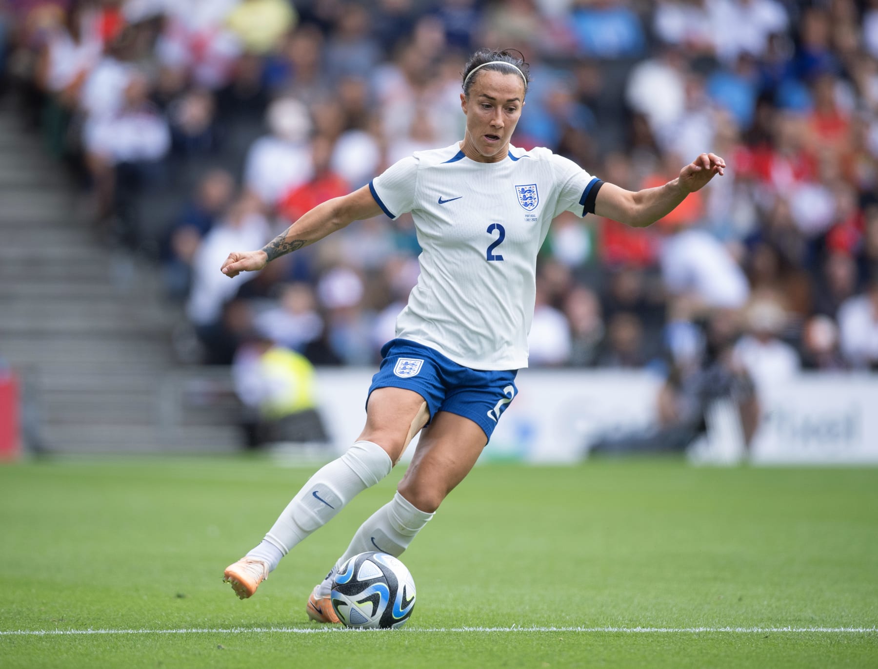 MILTON KEYNES, ENGLAND - JULY 1: Lucy Bronze of England in action during the Women's Internarional Friendly match between England and Portugal at Stadium mk on July 1, 2023 in Milton Keynes, England. (Photo by Joe Prior/Visionhaus via Getty Images)