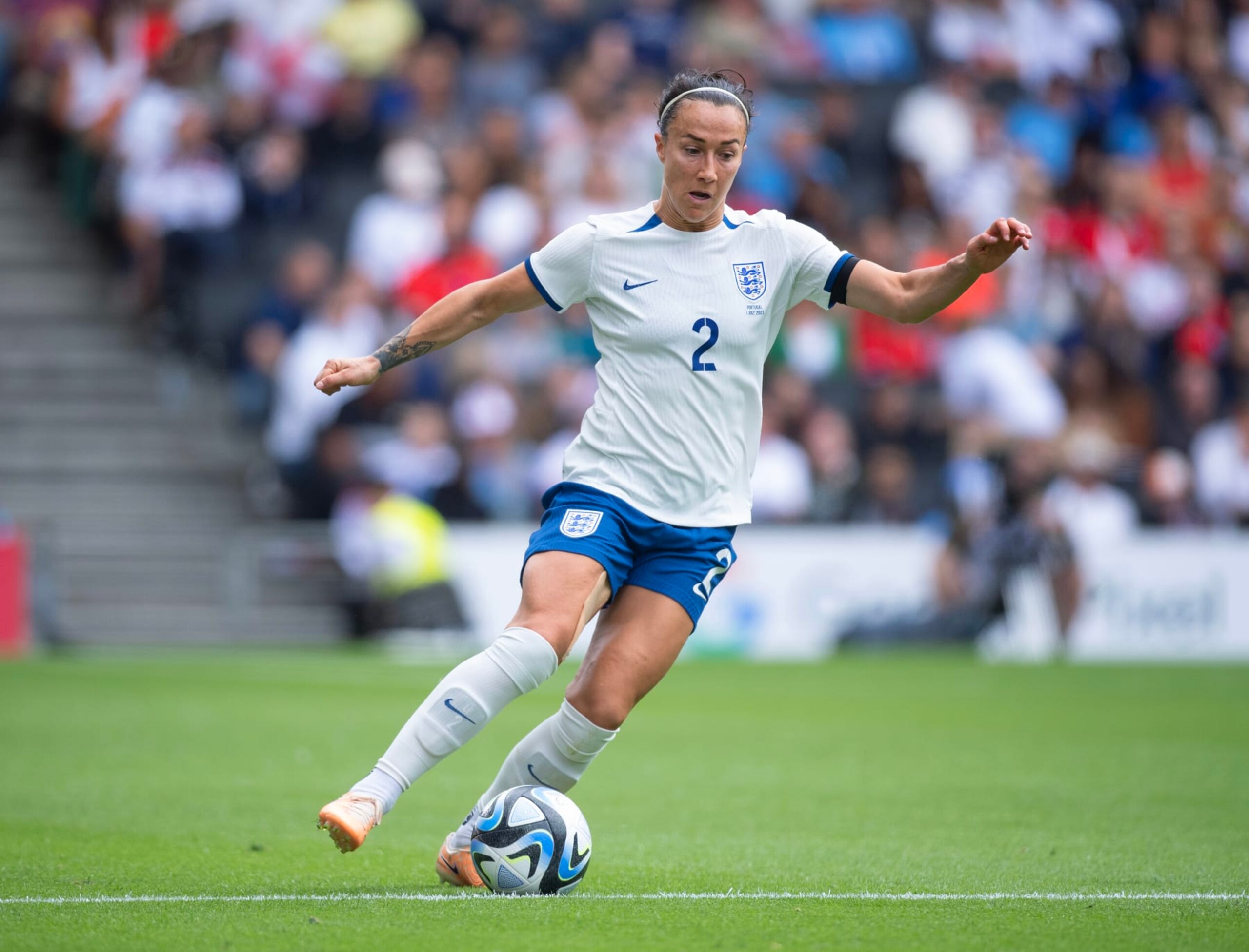 MILTON KEYNES, ENGLAND - JULY 1: Lucy Bronze of England in action during the Women's Internarional Friendly match between England and Portugal at Stadium mk on July 1, 2023 in Milton Keynes, England. (Photo by Joe Prior/Visionhaus via Getty Images)