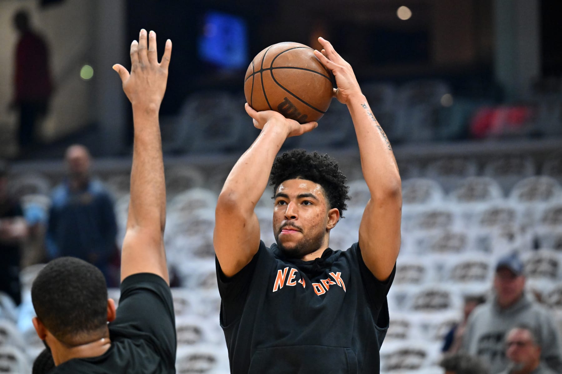 CLEVELAND, OHIO - APRIL 18: Quentin Grimes #6 of the New York Knicks warms up prior to Game two of the Eastern Conference First Round Playoffs against the Cleveland Cavaliers at Rocket Mortgage Fieldhouse on April 18, 2023 in Cleveland, Ohio. NOTE TO USER: User expressly acknowledges and agrees that, by downloading and or using this photograph, User is consenting to the terms and conditions of the Getty Images License Agreement. (Photo by Jason Miller/Getty Images)